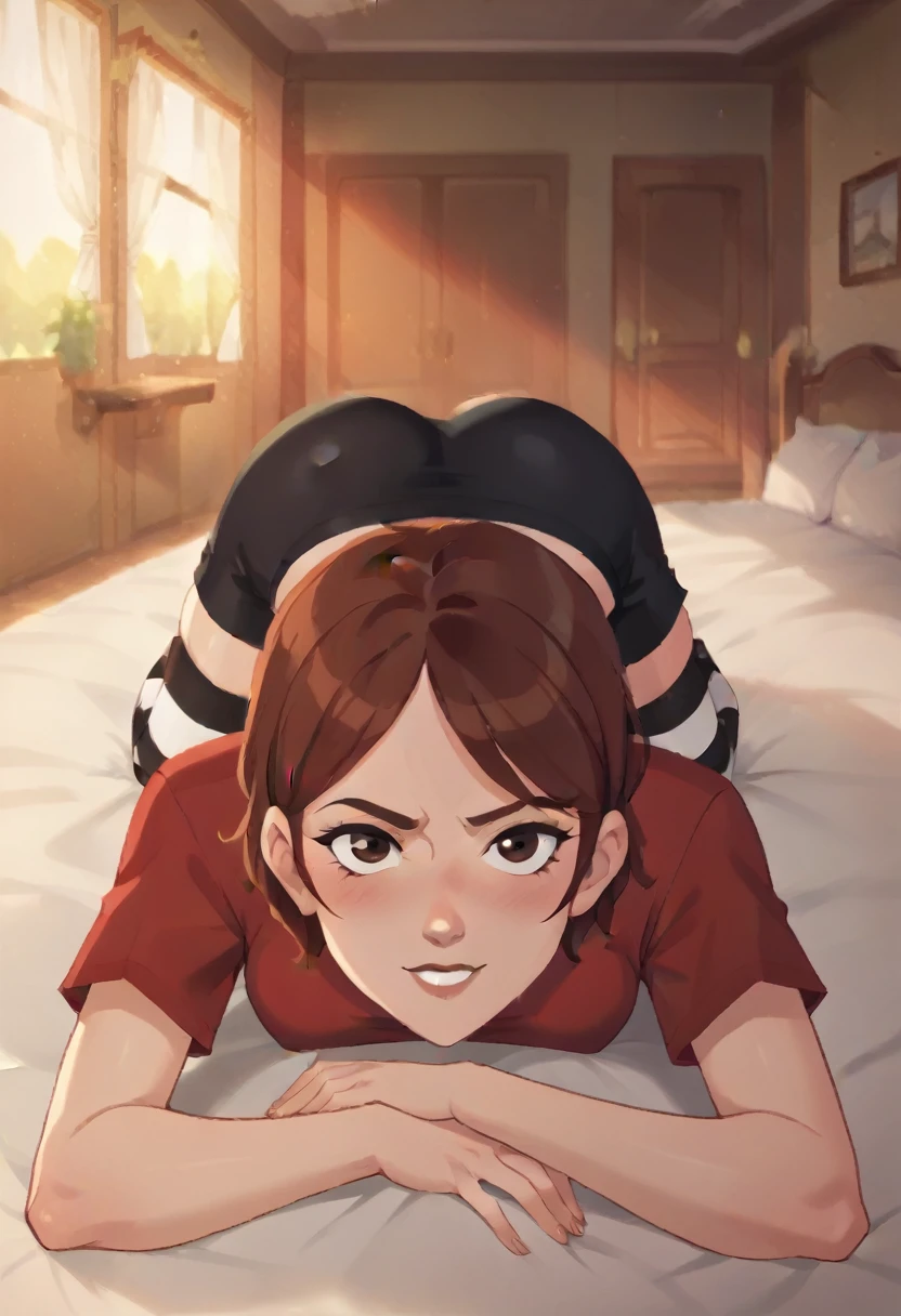 Penny (Bolt), brown eyes, auburn hair, short hair, wearing Red t shirt, black shorts over black and white striped leggings, looking at viewer, defeated, ryona, indoors, bed, bedroom, straight-on, lying, on stomach, showing her butt, carmen_style