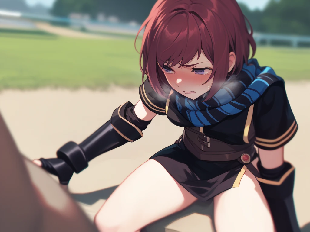  score_9,   score_8_up,  score_7_up nel zelpher,  black dress, Short dress,  striped scarf, Arm guard, Fingerless gloves,  black knee high ,
depth of Field, Field,  blush,  rough breathing