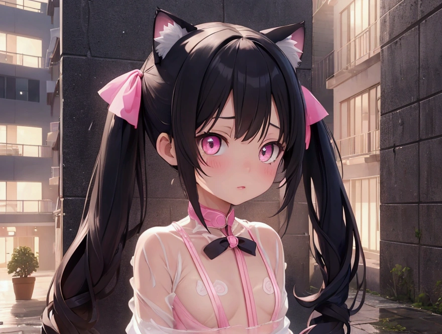  Wears Pink Wet, Sheer Clothes, Cat Ears Cat Tail ,  Lorianime Girl ,  Real Shadow,  detailed skin,  very small chest by the wall of a building ,  black hair,  Twin Tails with Ribbons ,  very detailed, 8K high resolution face , Perfect Face Shape, Perfect Lips, Perfect Nose,  beautiful eyes, masterpiece,  best quality, Underteen , No pants