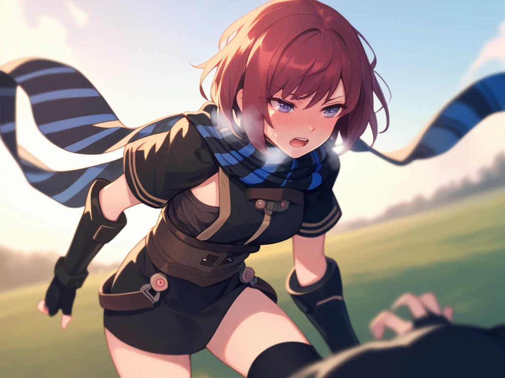  score_9,   score_8_up,  score_7_up nel zelpher,  black dress, Short dress,  striped scarf, Arm guard, Fingerless gloves,  black knee high ,
depth of Field, Field,  blush,  rough breathing