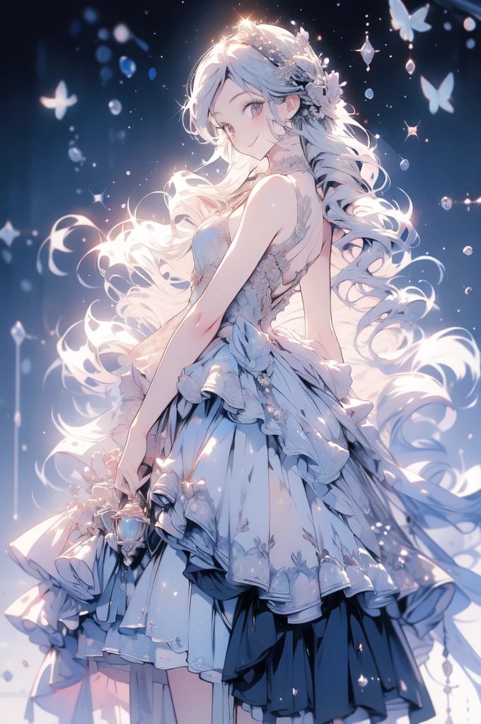 The pale line art and pale colors create a dreamy and ephemeral impression.,Standing, hands behind back, leaning forward slightly, looking at camera, smiling