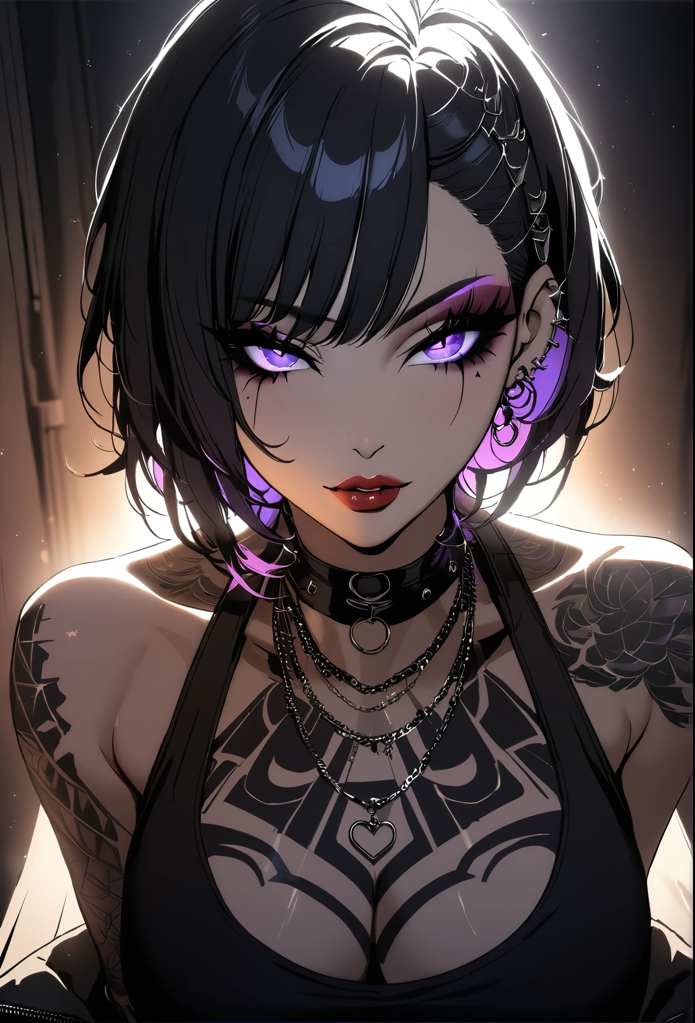 1girl, Holo-Punk Style, goth, black hair, earrings, eyelashes, indoors, jewelry, lips, makeup, necklace, short hair, solo, tattoo, faux hawk, punk aesthetic, foreshortening, darkbackground, cinematic lighting, masterpiece, best quality , big breasts
