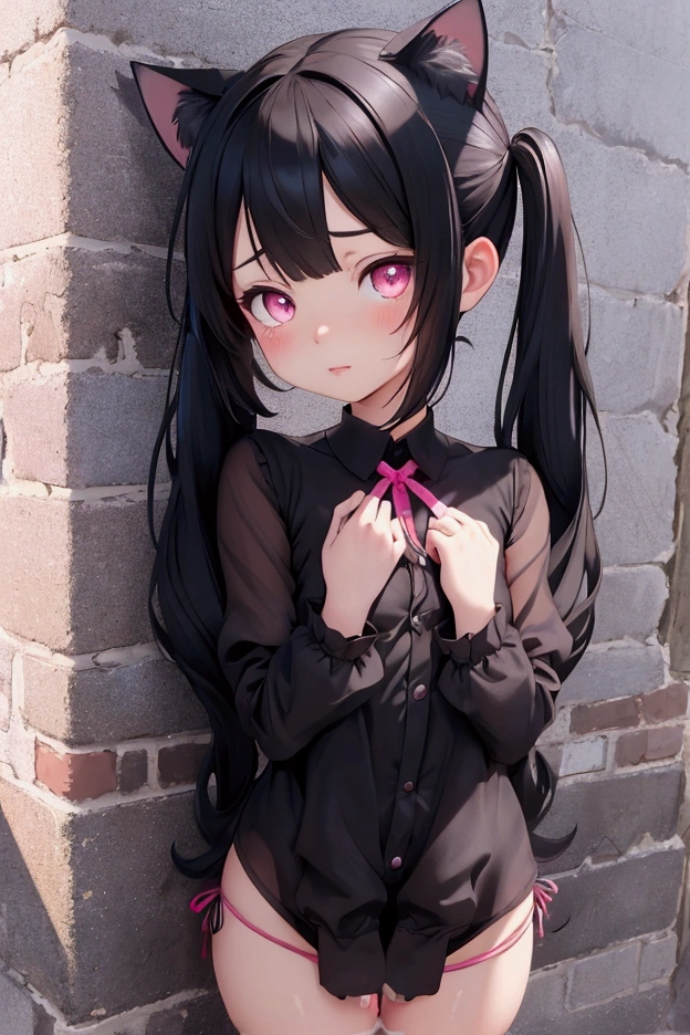  Wears Pink Wet, Sheer Clothes, Cat Ears Cat Tail ,  Lorianime Girl ,  Real Shadow,  detailed skin,  very small chest by the wall of a building ,  black hair,  Twin Tails with Ribbons ,  very detailed, 8K high resolution face , Perfect Face Shape, Perfect Lips, Perfect Nose,  beautiful eyes, masterpiece,  best quality, Underteen , No pants