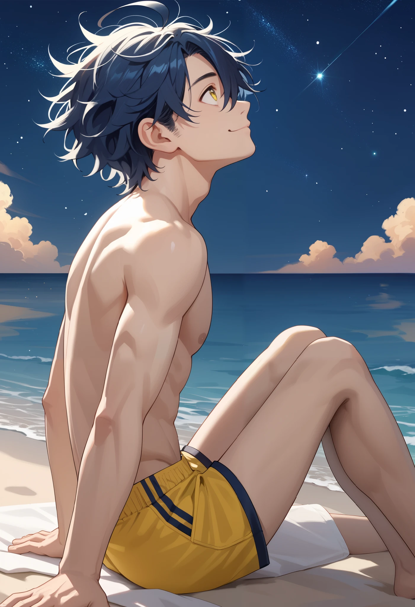 Boy, slim, Cute, Pale white skin, green eyes, Short red hair, on beach, looks shyly at the viewer, smiling, wet, spread legs, squatting, ass view, back view, white shorts, lies on the sand, lying on his stomach