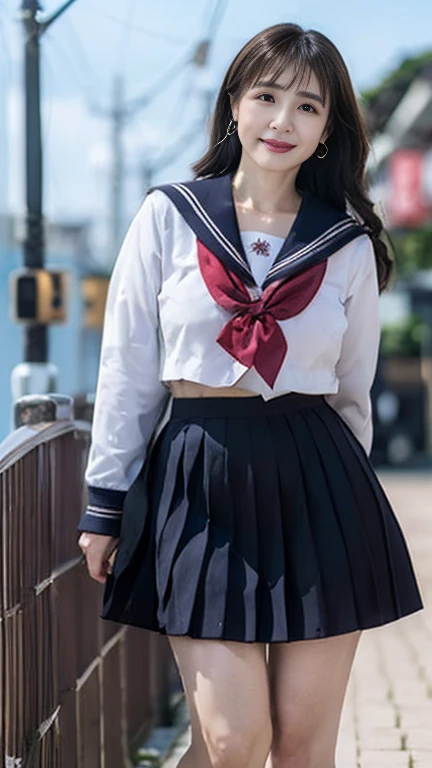 full body shot, from below,  japanese mature,  detailed face , smile, (curvy body, Large Breasts,  plump thighs:1.5), ( school uniform,  sailor suit, Sailor uniform,  Pleated Mini Skirt, earrings,  Necklaces :1.2), (Short socks,  wearing loafers :1.2), ( takes a picture of the whole body from toe to head,  standing on the seaside :1.2), ( surrealism, best quality, ultra detailed, absolutely resolution, 8k, anatomically correct), depth of field, looking at viewer, tachi-e, (bimajo ), full body