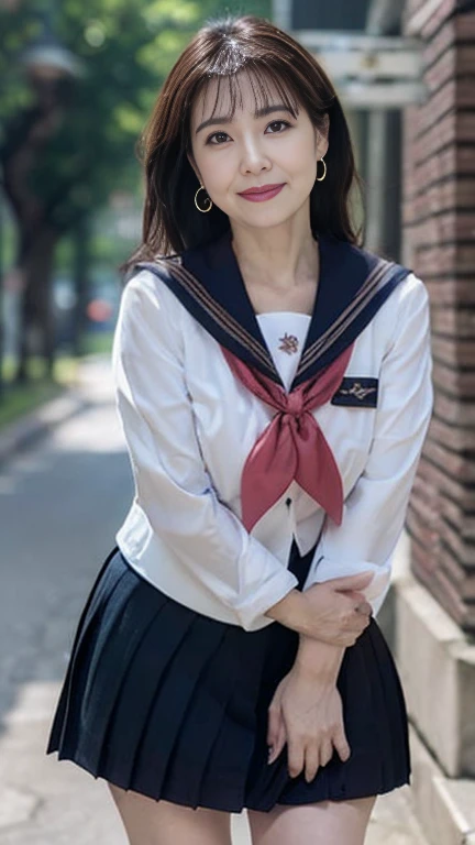 full body shot, from below,  japanese mature,  detailed face , smile, (curvy body, Large Breasts,  plump thighs:1.5), ( school uniform,  sailor suit, Sailor uniform,  Pleated Mini Skirt, earrings,  Necklaces :1.2), (Short socks,  wearing loafers :1.2), ( takes a picture of the whole body from toe to head, Standing on the sidewalk:1.2), ( surrealism, best quality, ultra detailed, absolutely resolution, 8k, anatomically correct), depth of field, looking at viewer, tachi-e, (bimajo ), full body