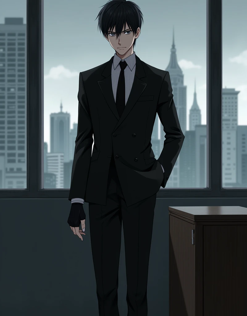 hd, ultra detailed, 8k quality, high quality, masterpiece, 17 year old boy, single, gray hair, man bun, round glasses, black suit, gray tie, white t-shirt, black pants, hitman vibe, black playing cards, taro sakamoto