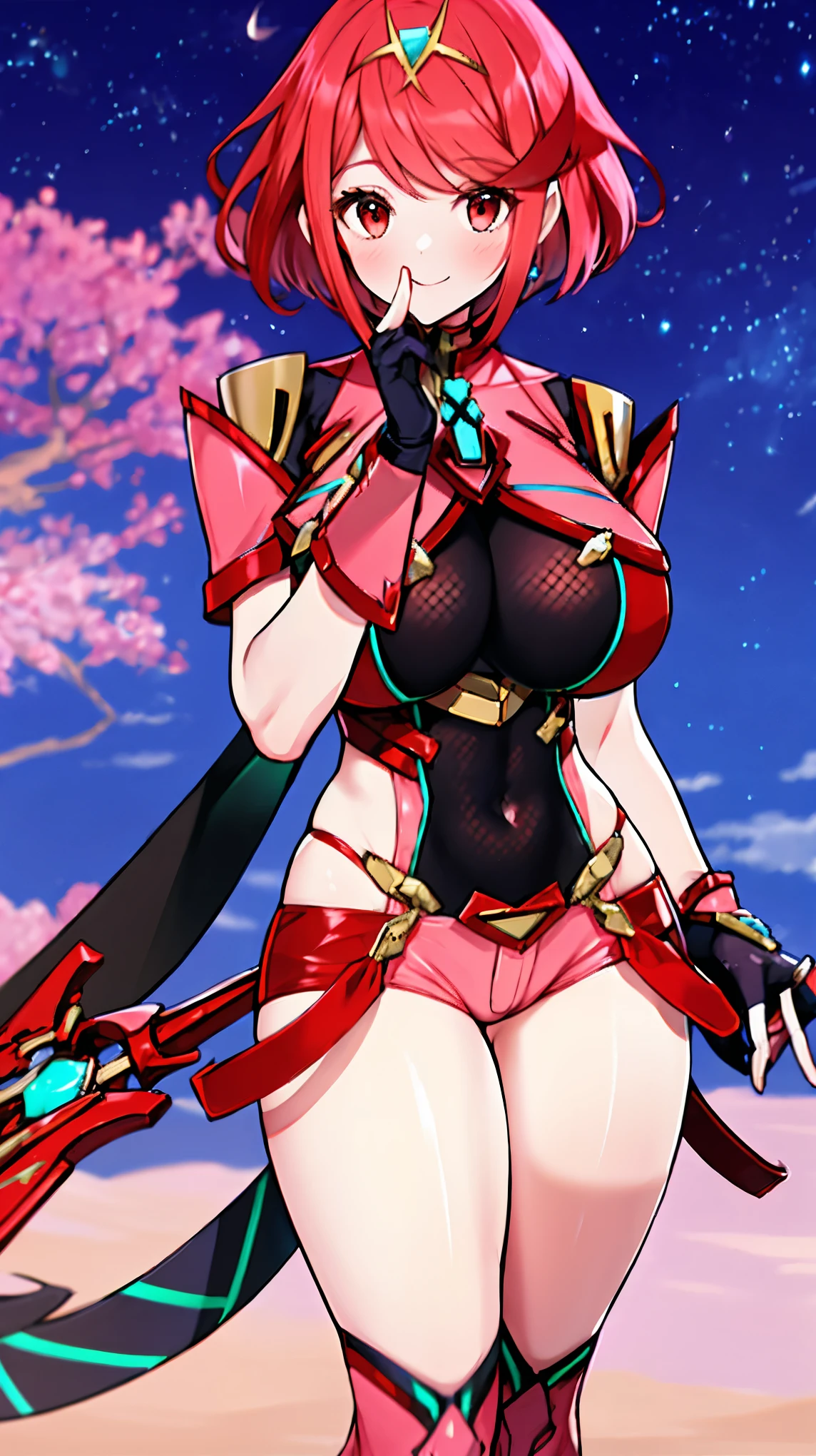 masterpiece, best quality, integrated scenery, integrated background, extremely delicate and beautiful, meticulous details, good composition, , cute face, perfect face, perfect hands, best quality, pyra \(xenoblade\), _teen_l, armor, bangs, black gloves, red eyes, closed mouth, earrings,fingerless gloves,, framed breasts, gem, gloves, hair ornament, headpiece, jewelry, large_breasts, leotard, red hair, red shorts, ,short hair, short shorts, short sleeves, shorts, sidelocks, skin tight, solo, swept bangs, thighhighs, tiara, night_town_background, turtleneck, underbust, vambraces, apart_legs,light_smile, plump,huge_sword, hold_large_sword_hilt, solo, (covered_nipples:0.6), (covered_pussy:0.7),