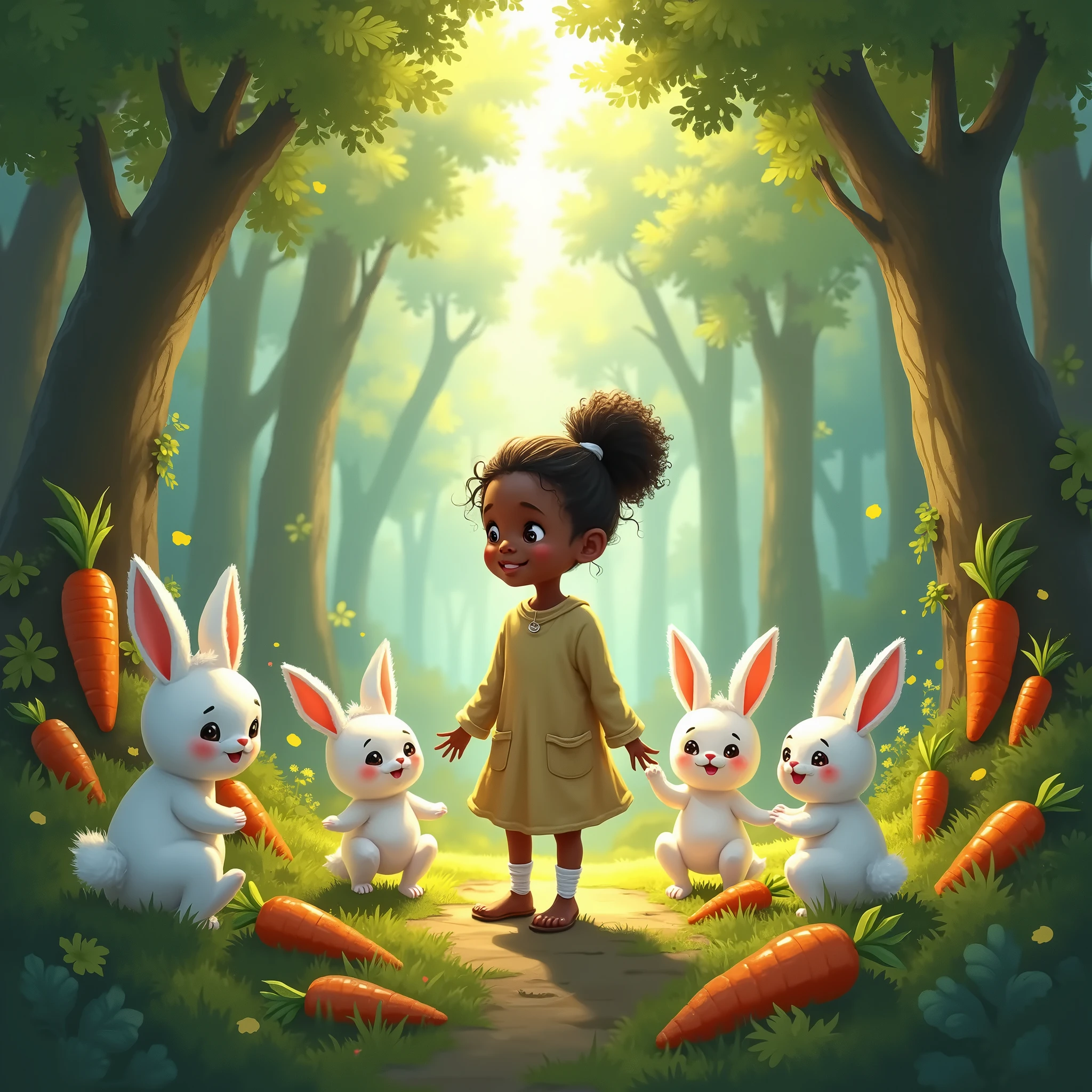 enchanted forest with a little black girl, white rabbits and carrots children's drawing