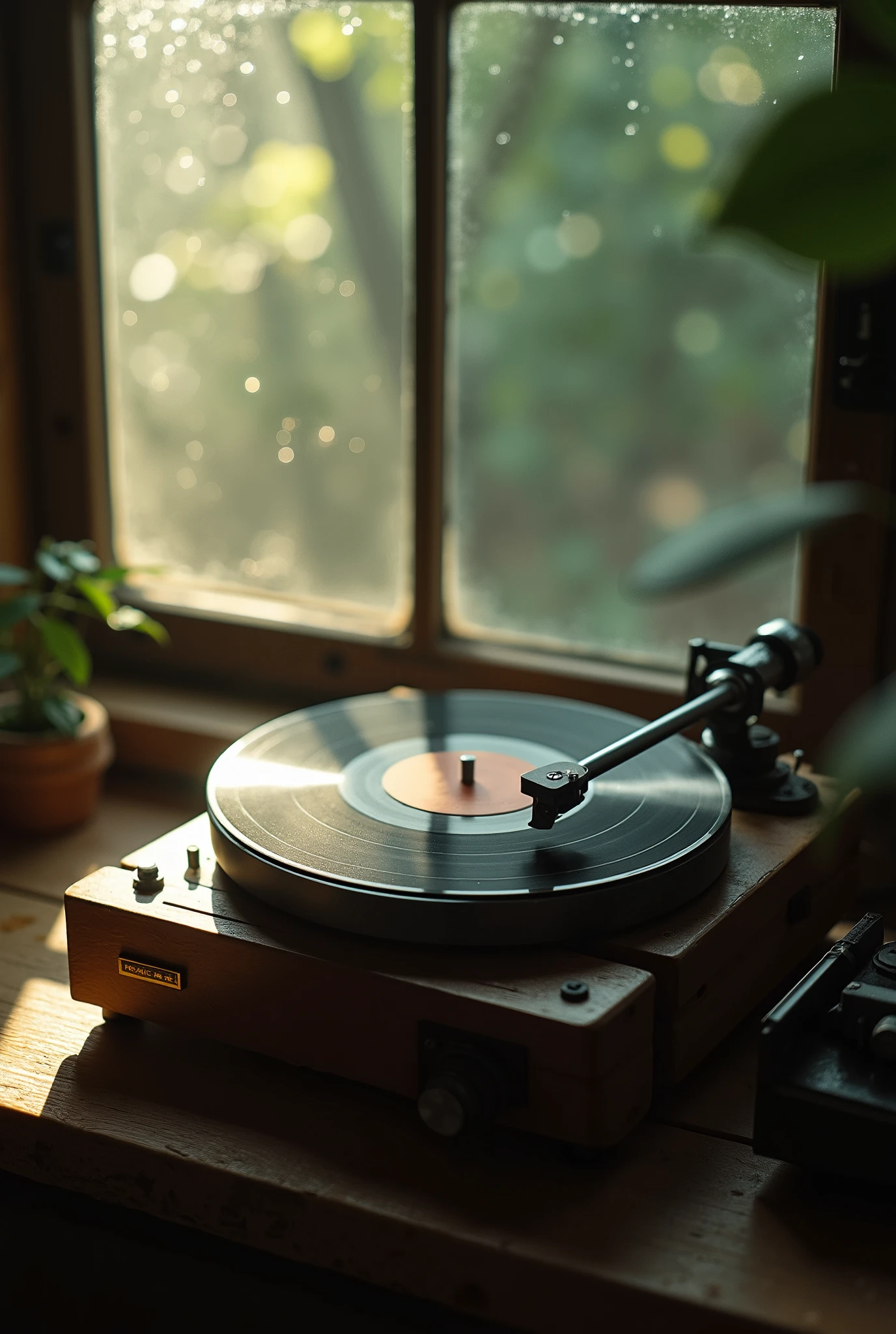 product photography, scenery, no human, photo of a vintage record player, indoor, light from window, raindrops on window, wong kar-wai movie style