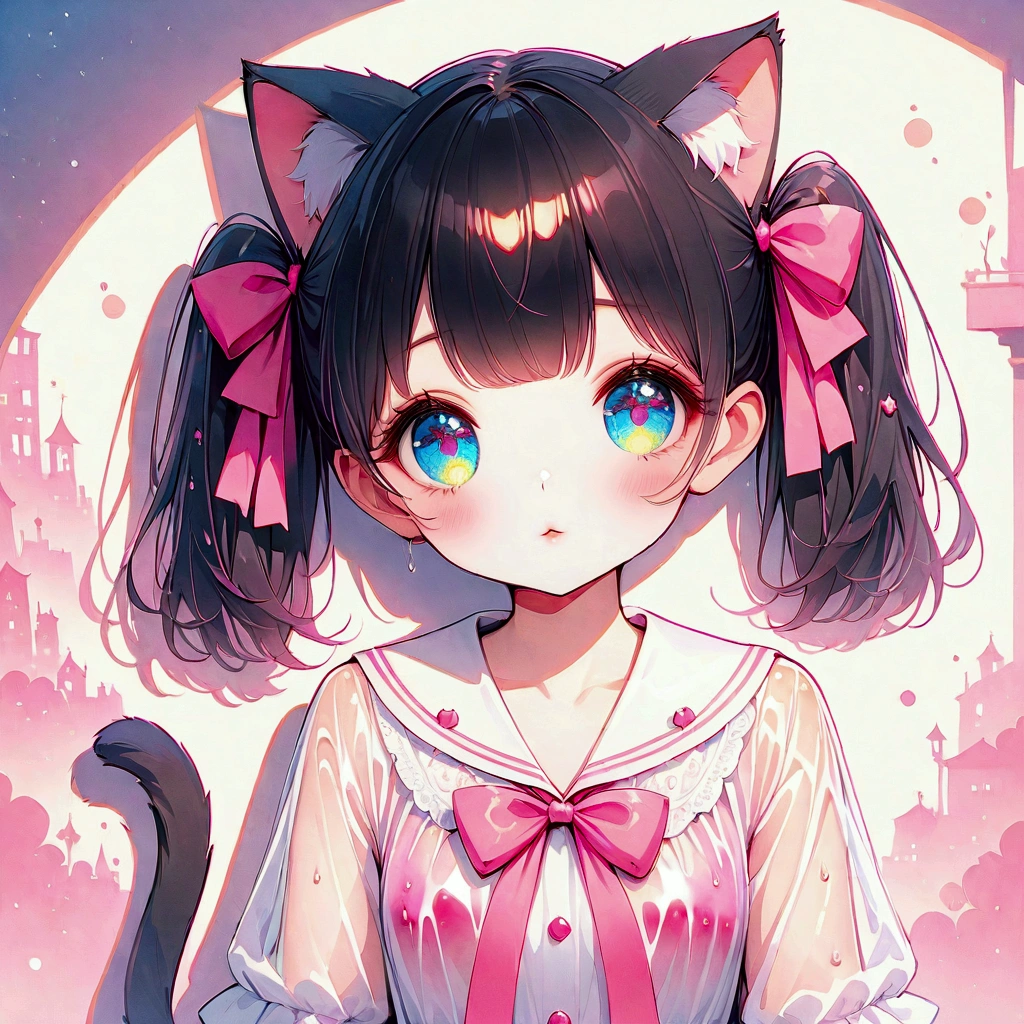  Wears Pink Wet, Sheer Clothes, Cat Ears Cat Tail ,  Lorianime Girl ,  Real Shadow,  detailed skin,  very small chest by the wall of a building ,  black hair,  Twin Tails with Ribbons ,  very detailed, 8K high resolution face , Perfect Face Shape, Perfect Lips, Perfect Nose,  beautiful eyes, masterpiece,  best quality, Underteen , No pants