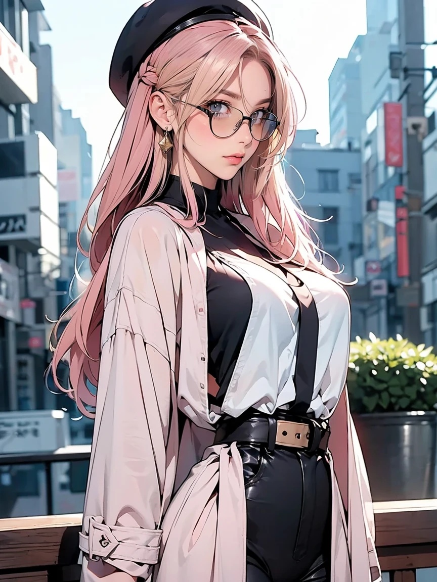 Best quality, high quality texture, delicate, realistic face, fine skin, girly, sexy, mix-and-match, model, illustration, portrait, completely realistic, pink hair, makima, glasses, european street, street light, well-dressed, pink leather bag