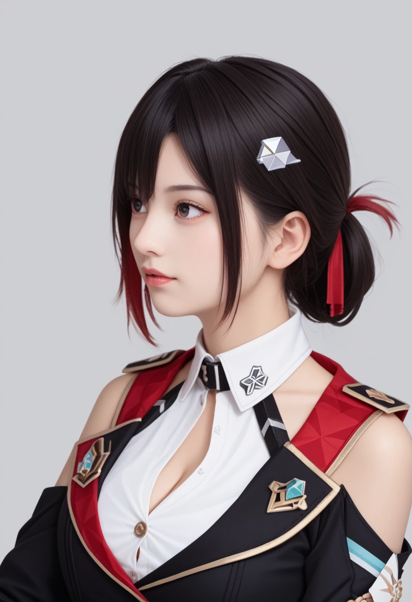  hair ornament, hairpin, silver hairpin, black detached sleeves, black hand sleeves, red shoulder cutout, white collared shirt, unbuttoned shirt, gloves, cleavage, cleavage cutout, clothing cutout, topaz honkai star rail, photorealistic portrait, HD 8K, detailed skin face, transparent background, simple portrait photography, make up, cute s gilrl, from side, looking at viewers, white skin, folded ponytail 