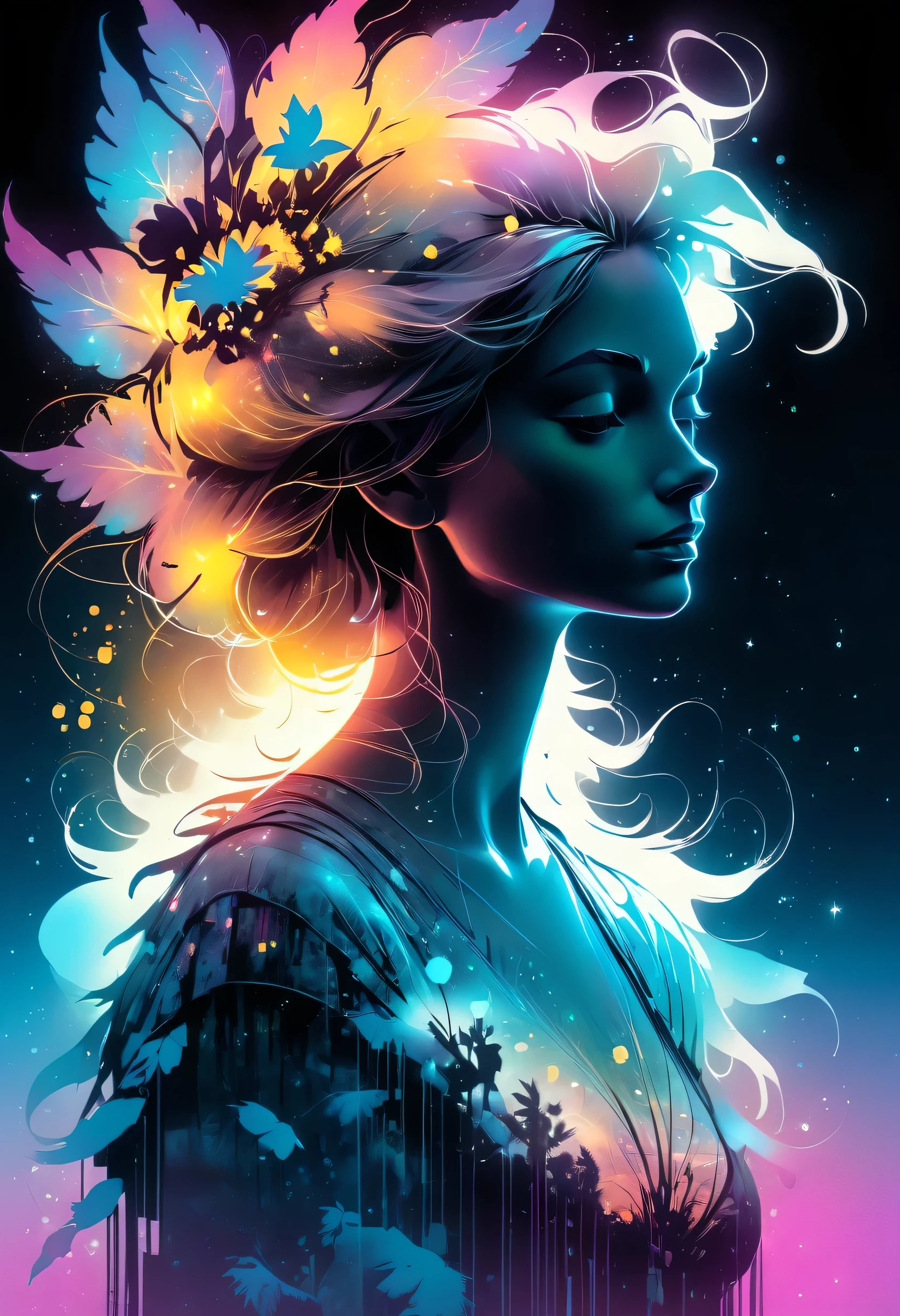 fluorescent horizon, cg graphics illustration,
high quality, 8K Ultra HD, A beautiful double exposure that combines a goddess silhouette with a spring field, spring field should serve as the underlying backdrop, with its details incorporated into the goddess , crisp lines, The background is monochrome, sharp focus, double exposure, awesome full color,
style of Jean Baptiste Monge, Thomas Kinkade, David Palumbo, Carne Griffiths.