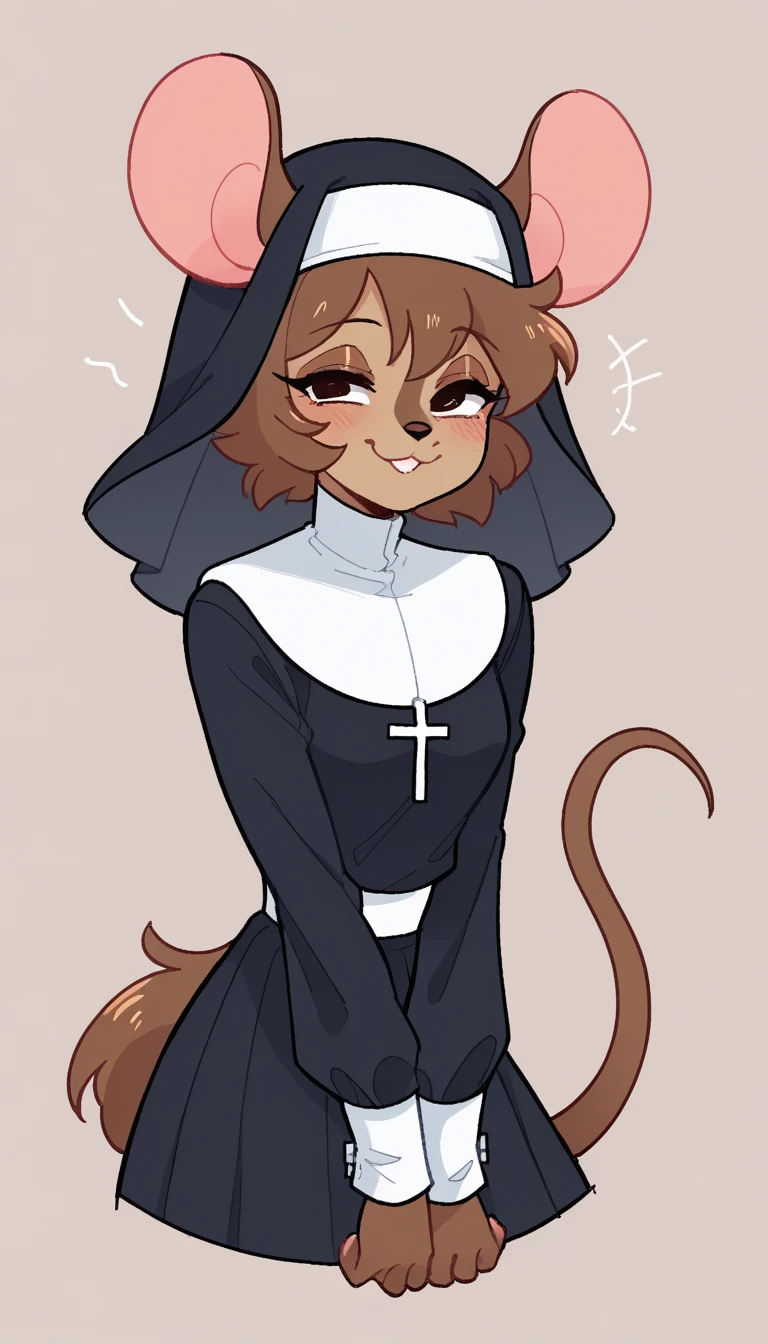     Best quality    ,    very detailed illustration,( Anthropomorphic fluffy boy mouse :1,7), brown fur ,  tousled fluffy hair , sly look , alluring playful look  , Slim,  perfect body , Simple drawing, Artifyber style, pastel flat colors, Cute, Smug Bitches,  cartoon  , nun clothes 