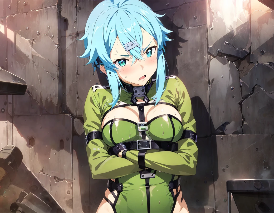  one girl  ,   Movie-like  , Game CG,   Animated Screenshot,   Official Art, masterpiece,   best quality,  Constraints着を着た少女 , Latexstraitjacket, Disheveled Hair, Restraint Belts Everywhere  ,Arms tied, Latex straitjacket , sinonggo, aqua eyes, short hair, aqua hair, sidelocks, hair between eyes, hairclip, hair ornament, green jacket, leotard, scarf, black shorts, gloves, long sleeves, medium breasts, Constraints,  crosses her arms under her chest, prison, blue hair, Angry face,  blush, Wet clothes,  sheer clothes,   open your mouth,  face up , Lying on your back,  In a Glass Box, navel, Glass Wall, Glass Wallにおっぱいを押し付ける