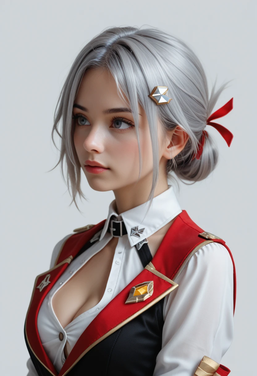  hair ornament, hairpin, silver hairpin, black detached sleeves, black hand sleeves, red shoulder cutout, white collared shirt, unbuttoned shirt, gloves, cleavage, cleavage cutout, clothing cutout, topaz honkai star rail, photorealistic portrait, HD 8K, detailed skin face, transparent background, simple portrait photography, make up, cute s gilrl, from side, looking at viewers, white skin, folded ponytail