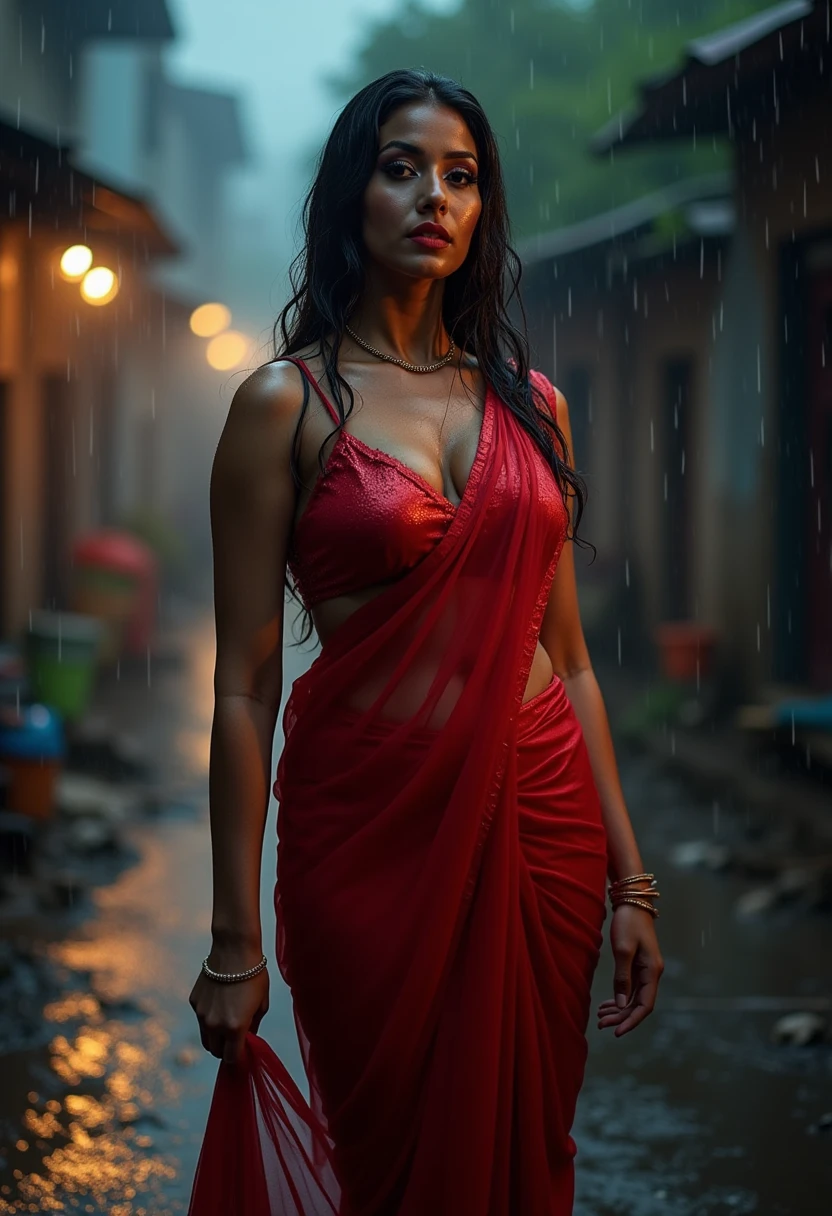  skinned woman in a rain and getting herself drenched from the rain water in the middle of a night road, she is wearing red sequin silk shiny saree on a shiny red satin u neck short sleeve blouse, fully wet drenched body and clothes, wet long hair, glossy poutlips, cleavage cut line, Large breasts, Accurate, Long Hair, Makeup, Embarrassed, rainy indian slum background, wet clothe, wet hair, wet body , tight saree, tight fit blouse, wet saree ,wet breasts, spot light focusing on her , Looking at viewer,