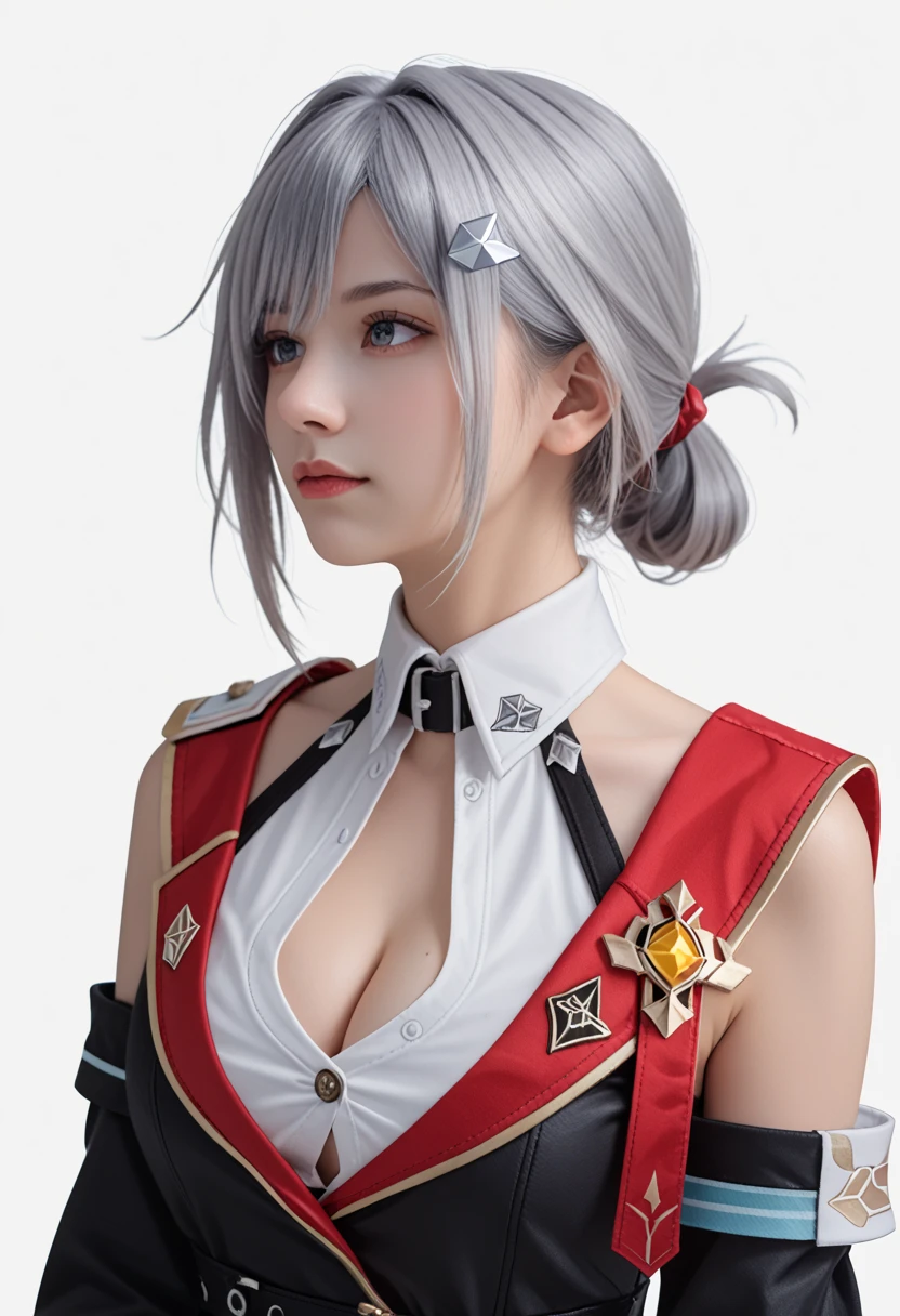  hair ornament, hairpin, silver hairpin, black detached sleeves, black hand sleeves, red shoulder cutout, white collared shirt, unbuttoned shirt, gloves, cleavage, cleavage cutout, clothing cutout, topaz honkai star rail, photorealistic portrait, HD 8K, detailed skin face, transparent background, simple portrait photography, make up, cute s gilrl, from side, looking at viewers, white skin, folded ponytail 