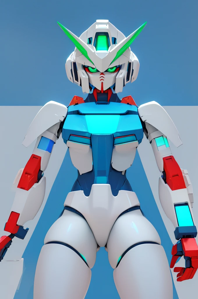 ((masterpiece)), ((best quality)), (high res), ((perfect anatomy)), ((perfect face)), ((giant robot)), ((mecha)), ((female-like bodyshape)), (slim body), (soft edges), ((femenine gundam)), ((white body with blue and red paint)), (green eyes), (((blue LEDs across the body))), ((blue circular core)), (((thick thighs))), ((narrow waist))