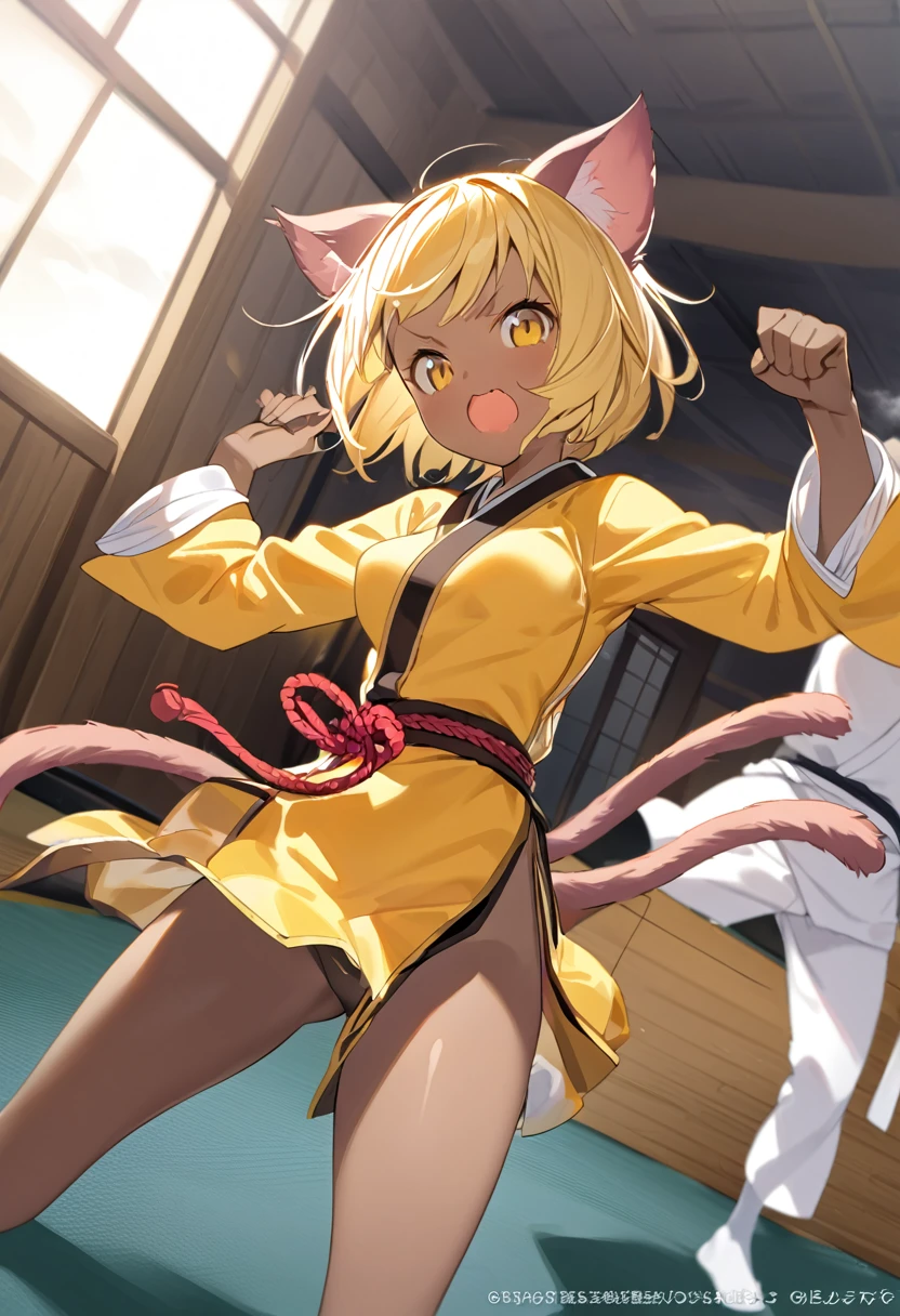  best quality、One young girl、Slender body、Slender legs、Cat ears and tail、Cute single tusk、 normal size breasts 、dojo、 glossy yellow hair 、Glossy brown skin、 in high spirits、  fighting pose for viewers 、intense wind pressure 