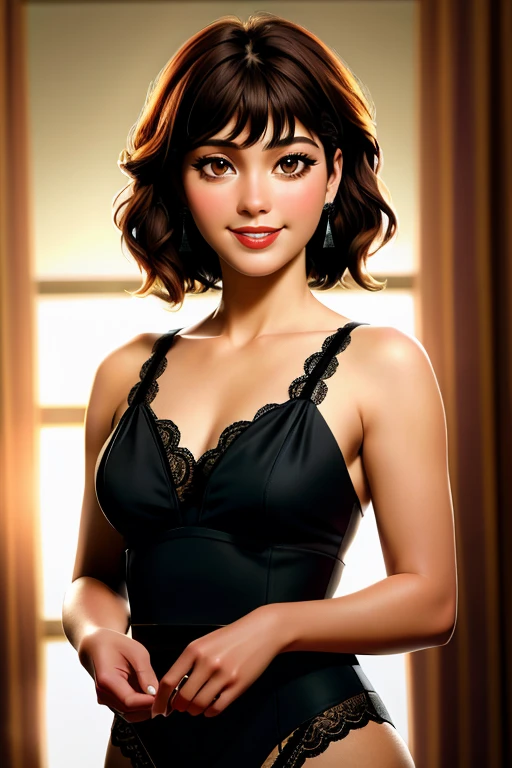 Realistic photo of a beautiful c4th3r1n3b woman,1girl,solo,breasts,looking at viewer,smile,brown hair,black hair,dress,bare shoulders,brown eyes,jewelry,sitting,earrings,indoors,necklace,blurry,lips,blurry background,realistic,afro, soft lighting, professional Photography, Photorealistic, detailed, RAW, analog, sharp focus, 8k, HD, high quality, masterpiece<lora:c4th3r1n3b:1.0>