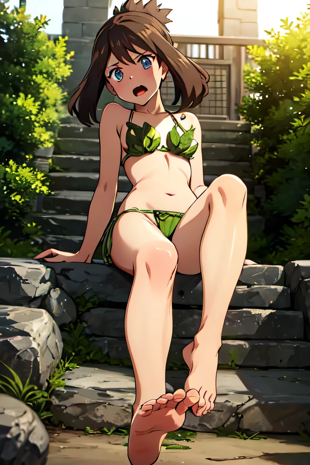  Leaf bikini,  one girl , Alone, barefoot　Teary-eyed 　only　 beautiful legs　 open your mouth  　Turn the sole of the foot　　 turn your back