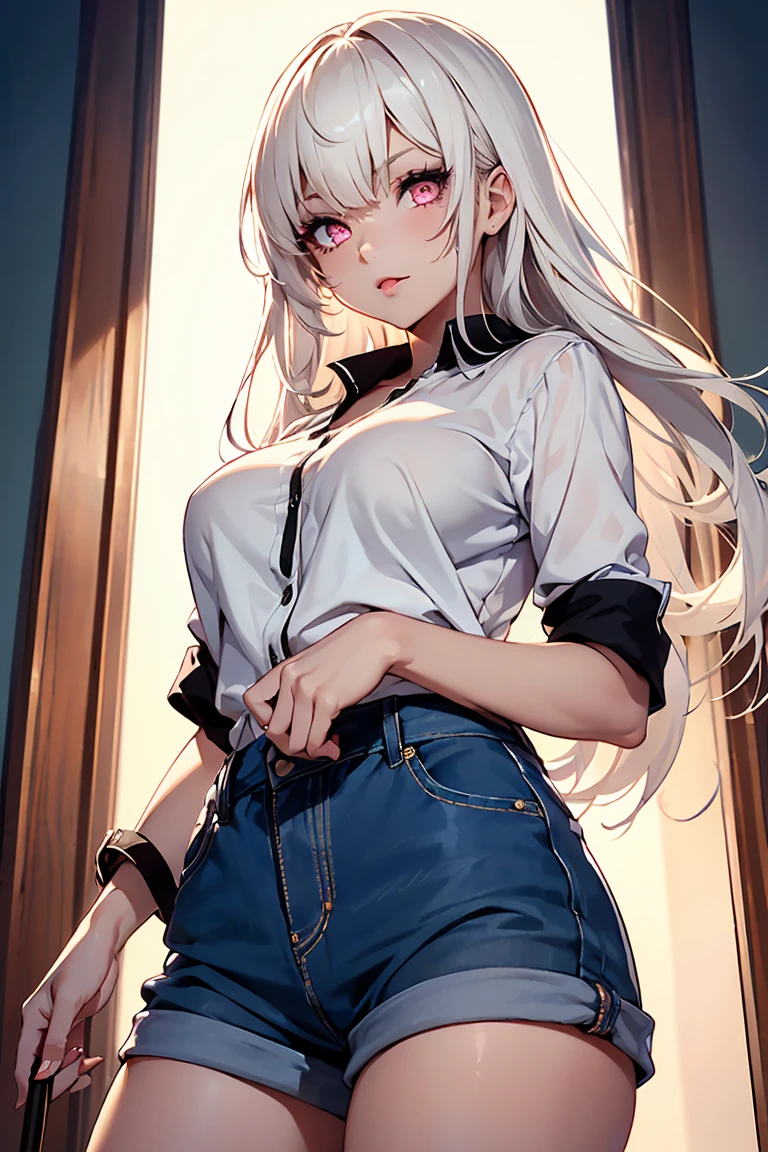 girl,masterpiece, Best Quality, Anime Girl,Long silver hair,Blushing,Tanned brown skin,Dark Skin Tone,orgasm,,White winter sweater,Large breasts,Light purple shorts,Black underwear,My crotch is wet,Wooden horse,Hanging from the ceiling by a rope