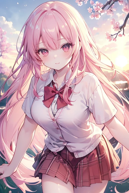 masterpiece, best quality, full body, 1girl, bangs, black choker, black tie, pink hair, blue skirt, blush, bracelet, large breasts, choker, clothes around the waist, collarbone, collar shirt, cowboy shot, dress shirt, ear piercing, eyebrows visible through hair, gradient hair, smile, gyaru, jewelry, kogal, long hair, looking at the viewer, loose tie,  tie, piercing, plaid skirt, pleated skirt, red eyes, ring, school uniform, shirt, skirt, smile, solo, white shirt, street, sky, cherry blossoms, petals, illustration, (magazine: 1.3), (cover style: 1.3), elegant, woman, vibrant, clothing, posing, frontal, colorful, dynamic, background, elements, confident, expression, holding, statement, accessory, majestic, rolled, around, touch, scene, text, cover,  bold, eye-catching, title, stylish, font, catchy, headline, bigger, impressive, modern, fashionable, focus, fashion,