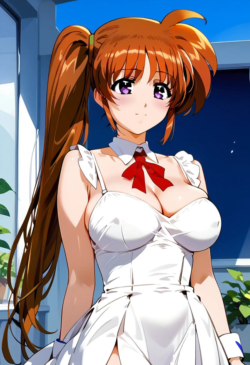 score_9, score_8_up, score_7_up, score_6_up, score_5_up, score_4_up, BREAK uncensored, official art, official style,anime_screencap , anime coloring ,dbj , qqx, cch, zjw , 1girl ,takamachi nanoha,long hair,red hair,brown hair ,purple eyes ,side ponytail ,large breasts, white one-piece dress , hands between legs, fluttering skirt, wind lift,