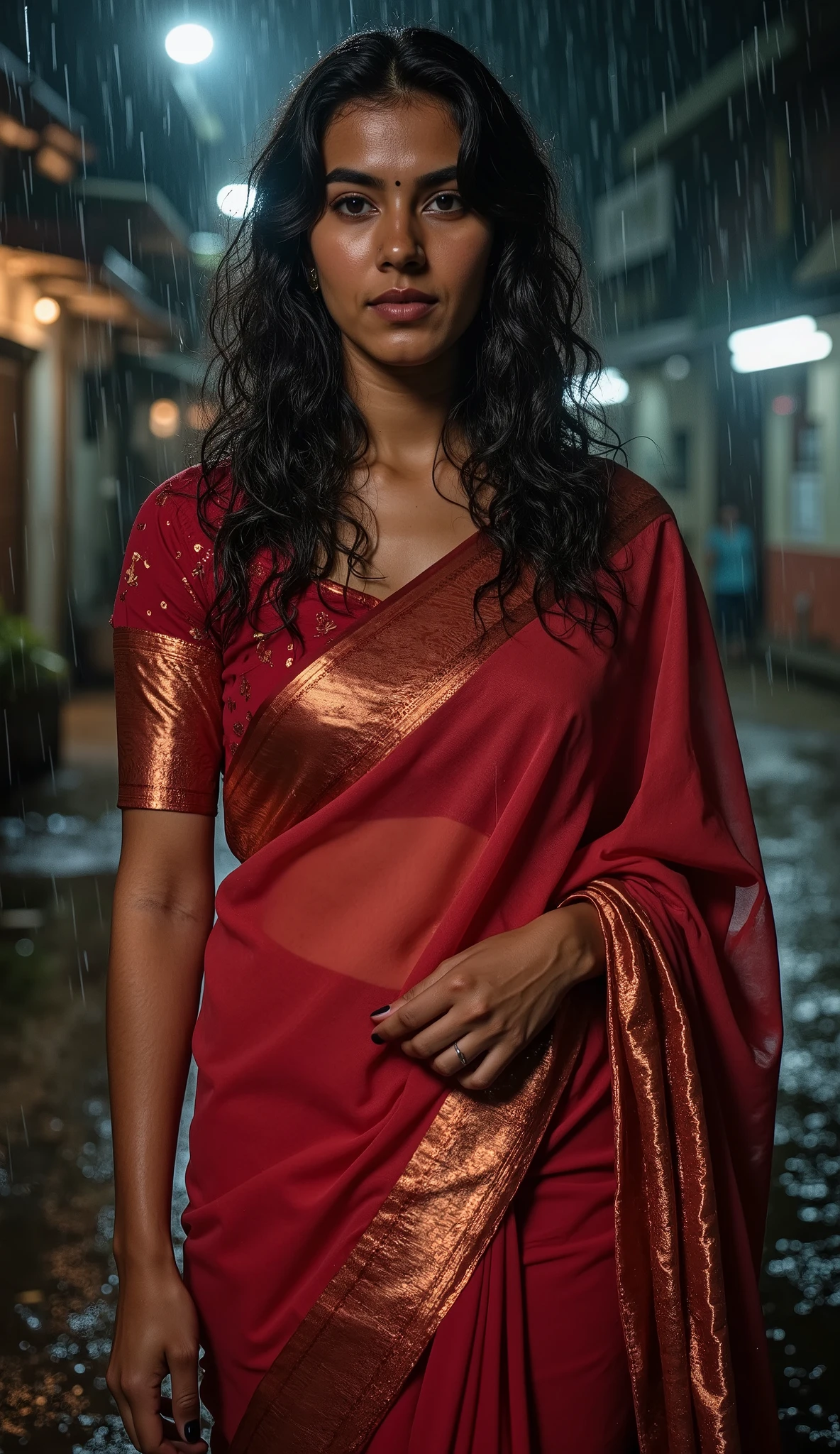 ,Busty fair skinned  woman  in a rain  and getting herself drenched from the rain water in the middle of a night road,she is wearing red sequin silk shiny saree on a shiny red satin u neck short sleeve blouse,fully wet drenched body and clothes,wet long hair, glossy poutlips, cleavage cut line,Large breasts, Accurate, Long Hair, Makeup, Embarrassed, rainy indian slum background,wet clothes,wet hair,wet body , tight saree, tight fit blouse, wet saree,wet breasts, spot light focusing on herLooking at viewer, 