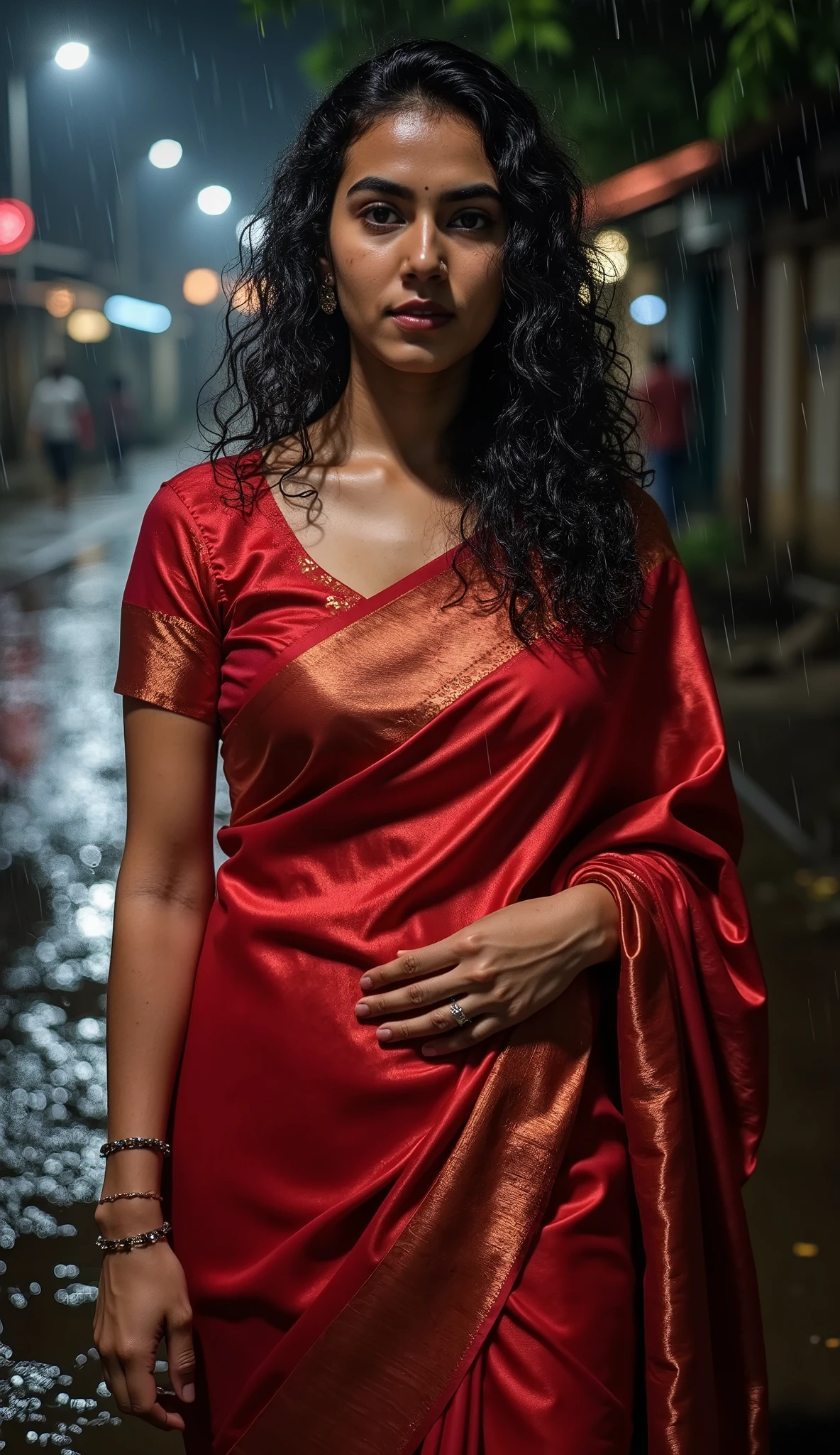 ,Busty fair skinned  woman  in a rain  and getting herself drenched from the rain water in the middle of a night road,she is wearing red sequin silk shiny saree on a shiny red satin u neck short sleeve blouse,fully wet drenched body and clothes,wet long hair, glossy poutlips, cleavage cut line,Large breasts, Accurate, Long Hair, Makeup, Embarrassed, rainy indian slum background,wet clothes,wet hair,wet body , tight saree, tight fit blouse, wet saree,wet breasts, spot light focusing on herLooking at viewer, 