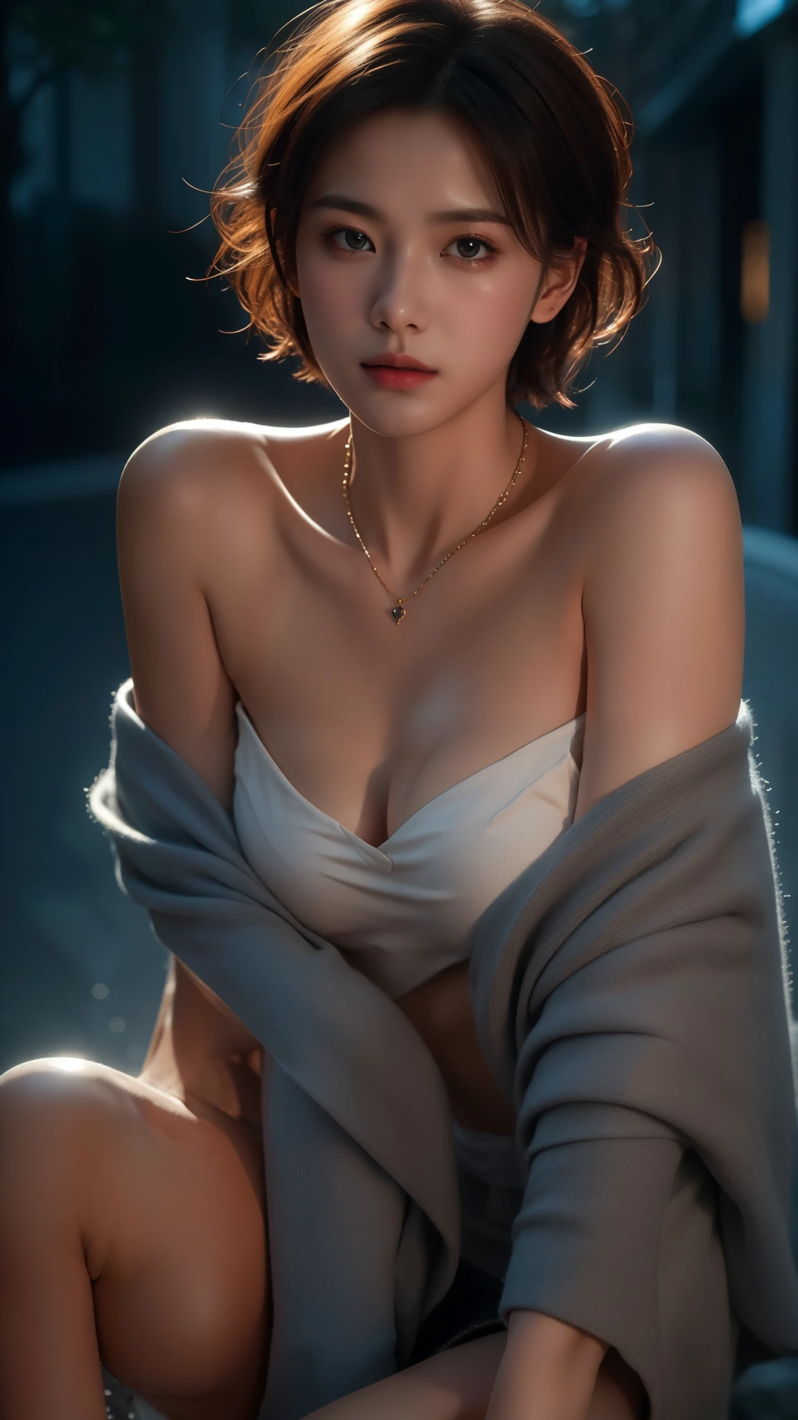 beste Quality、A masterpie、ultra-highres、(photorealestic:1.4)、Raw photo、1girls、off shoulders、dark、Deep shadows、lowkey、Cold Light、nuda、sunlight、opening legs