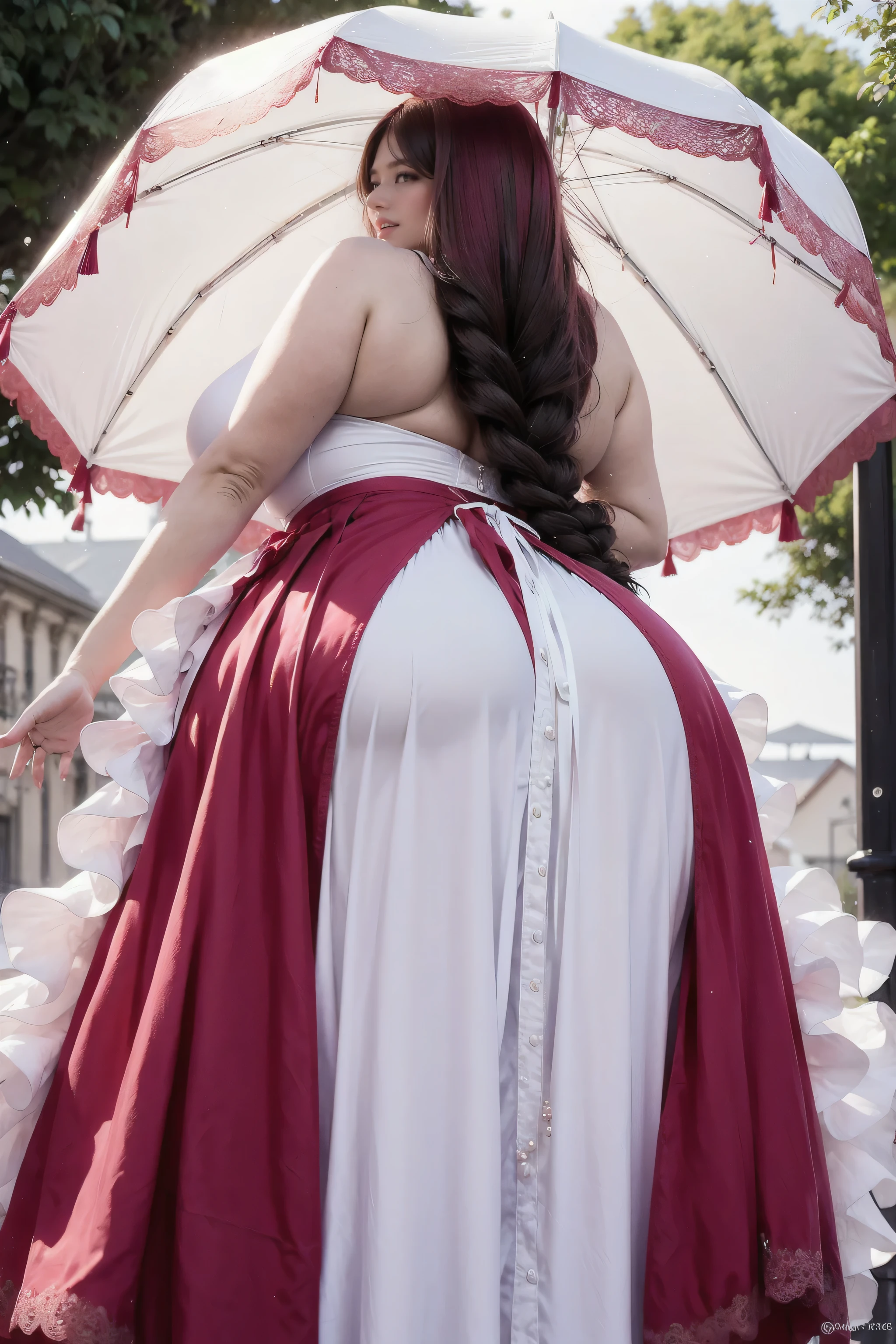 POV from behind, half zipped back shoulder,Middle-aged French tall and thick woman with Red umbrella，seen from behind very tall and big woman,French faces, smiling and jumping,, beautiful diamond crown, realistic crown,Delicatemakeup，curvesious body tall and thick woman,Sexy and feminine，grin，Wrinkles at the corners of the eyes，with long braided hair，pink Gothic bride dress，full angel dress,loose skin，Large sagging breasts，Towering breasts，Thin waist with wide hips，White pearl Necklace,White heels，Tall and tall，Stand up，Open posture, beautiful Red umbrella, POV from behind 