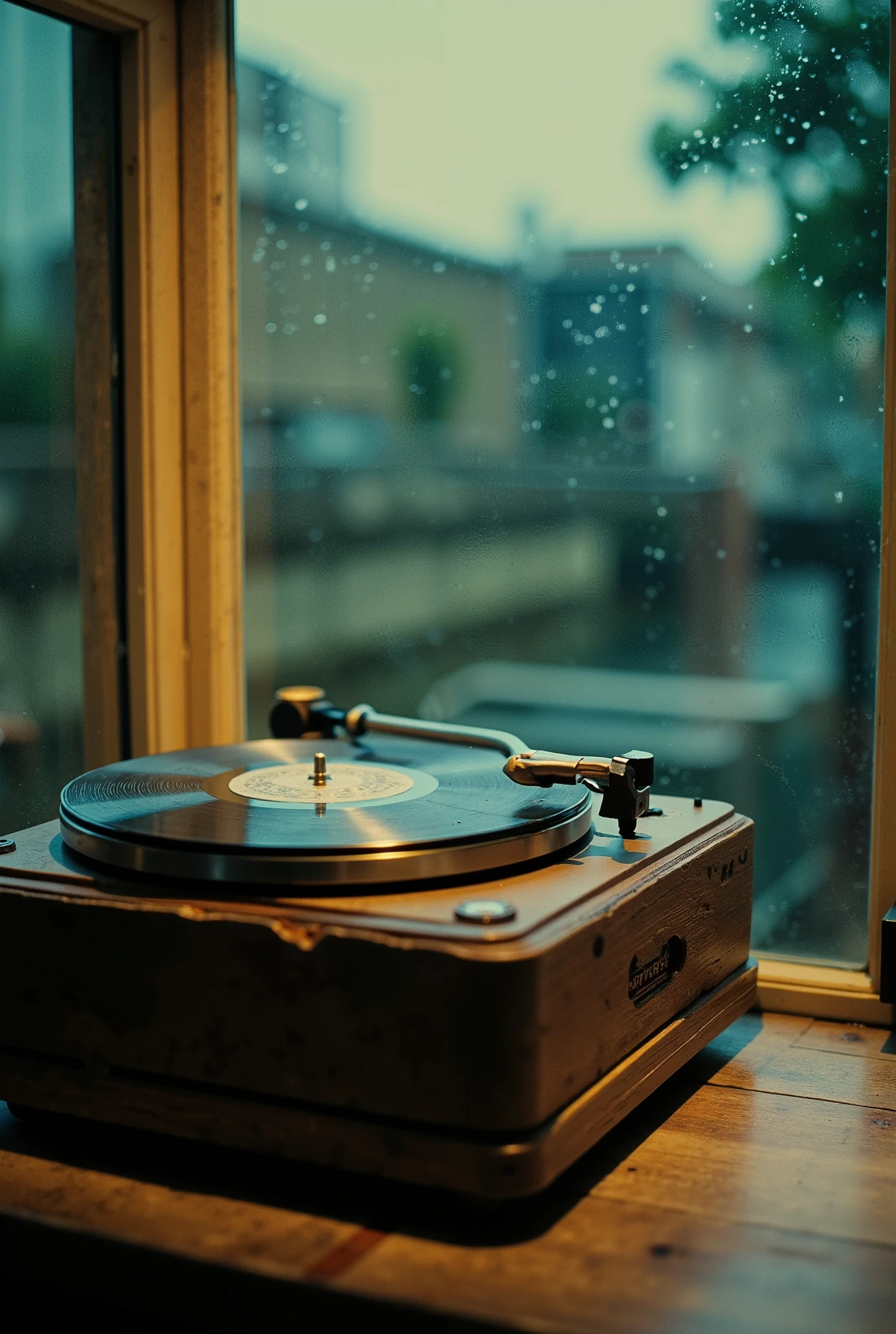 product photography, scenery, no human, photo of a vintage record player, indoor, light from window, raindrops on window, wong kar-wai movie style