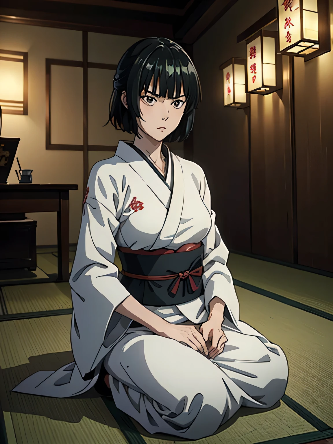 anime、High image quality、 high definition 、 one woman、 pointing to shogi sitting upright wearing a kimono、 serious expressions、It indicates shogi、Japanese-style room、 tense scene for you 、(((It indicates shogi)))、