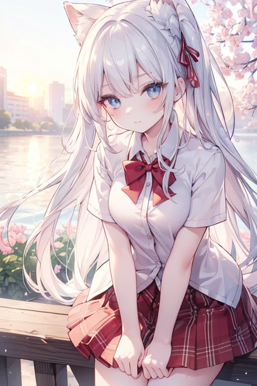 realistic, 1girl, white hair, purple eyes, glowing eyes, school uniform, parted lips, blush, night, flowers, sun, sunlight,