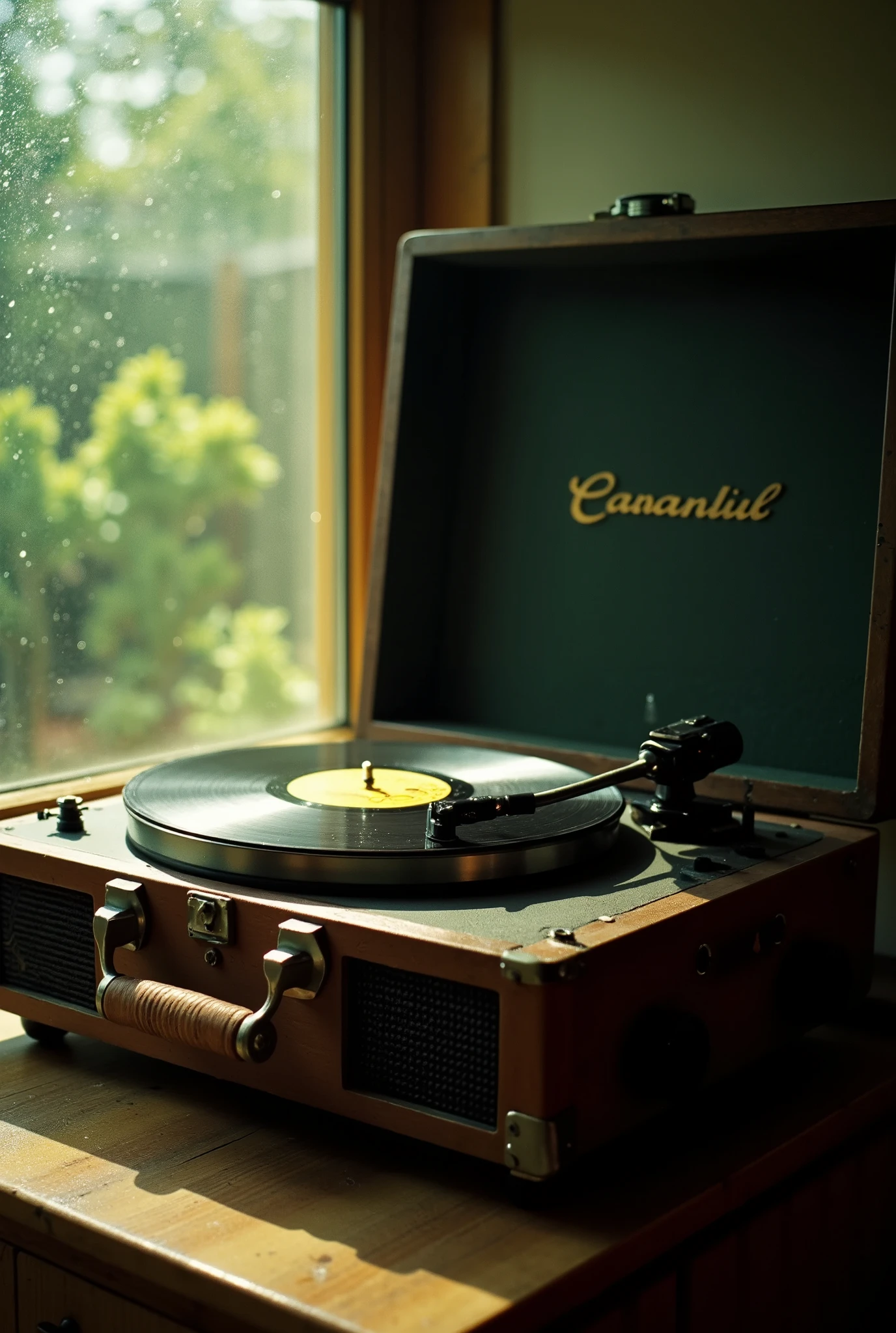 product photography, scenery, no human, photo of a vintage record player, indoor, light from window, raindrops on window, wong kar-wai movie style