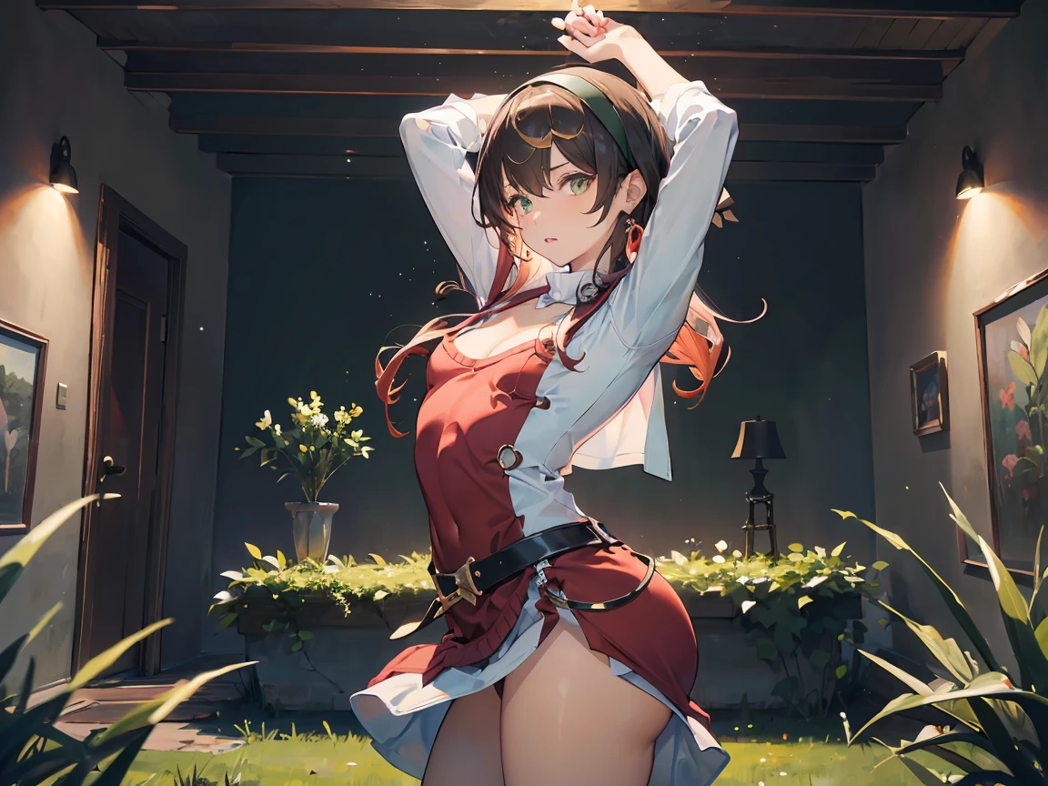 Masterpiece: 1.2, Best Quality), Realism, (Real Pictures, Rich Detail Detail, Depth of Field), (1 Girl, Solo), Makeup, Cleft Lip, High Detail, Perfect Face Shape, (: 1.4), (Skin Dents), Thick Thighs, Broad Buttocks, Thin Waist, High, Coral, Red Lips, Red Eyes, Ponytail (Girl Playing Badminton, Light Tulle, Tulle Clear White Long Dress), (Sweat: 1.2), (Wet), Sexy, Blush, (Shy Expression), (Long Skirt)