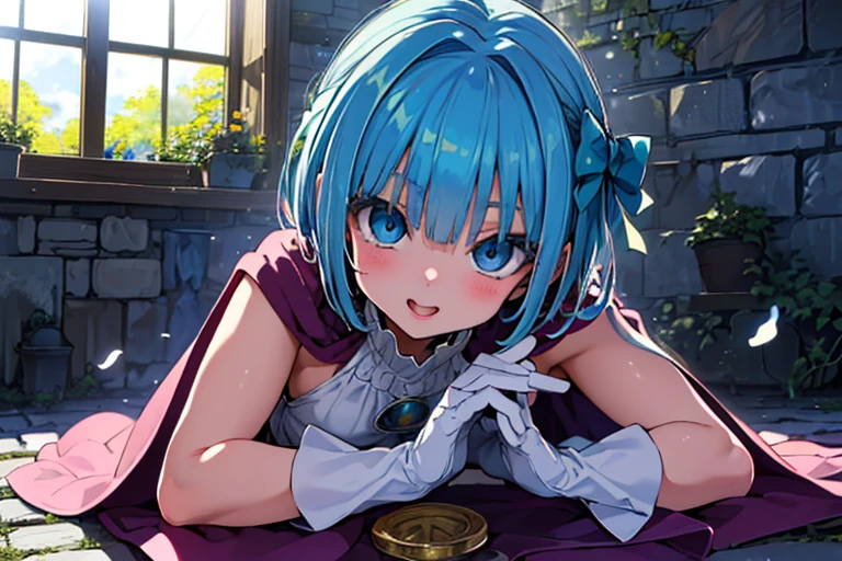  one girl, {{{{ultra-high resolution}}}}, {{{hi-vision anime}}},({{hero's daughter (DQ5)}}, blue eyes, {{blue hair}}, short hair, bangs, green bow, hair side bow, 
(超 high definition ), high definition ,Sharp focus,( super detailed, very detailed ),( very detailed  CG unity 8k wallpaper),
((( vibrant colors))),{best illustration},(complete anatomy),Perfect Fingers,(( best quality)),Sharp focus, perfect face,
plastic glitter 肌, beautiful eyes, symmetrical eyes, ((Detailed body)),( detailed face )), cute,

purple cape, white gloves, white dress, white boots, belt, sleeveless)},
(Lie on side:1.5), ((close up head)),　smile, open your mouth,

Country town,((Two-storey house with blue walls,Flower-filled path, Sunlight filtering through the cobblestones,Slate Roof,Red framed window,Blue sky and clouds)), European style,
(medieval interior:1.2), or   (medieval landscape:1.2), 