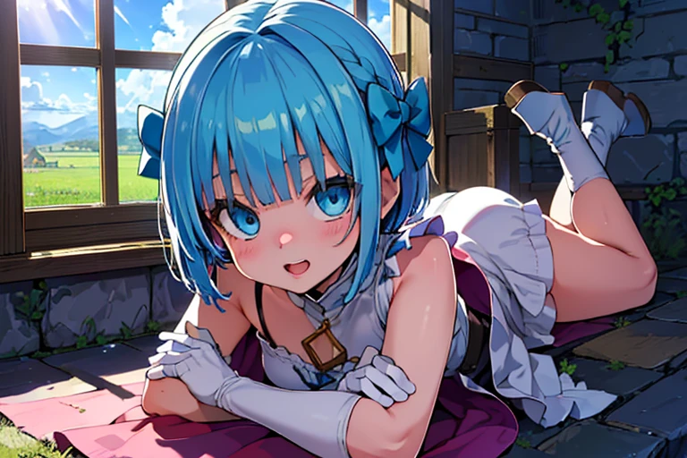  one girl, {{{{ultra-high resolution}}}}, {{{hi-vision anime}}},({{hero's daughter (DQ5)}}, blue eyes, {{blue hair}}, short hair, bangs, green bow, hair side bow, 
(超 high definition ), high definition ,Sharp focus,( super detailed, very detailed ),( very detailed  CG unity 8k wallpaper),
((( vibrant colors))),{best illustration},(complete anatomy),Perfect Fingers,(( best quality)),Sharp focus, perfect face,
plastic glitter 肌, beautiful eyes, symmetrical eyes, ((Detailed body)),( detailed face )), cute,

purple cape, white gloves, white dress, white boots, belt, sleeveless)},
(Lie on side:1.5), ((close up head)),　smile, open your mouth,  relaxed posture ,

Country town,((Two-storey house with blue walls,Flower-filled path, Sunlight filtering through the cobblestones,Slate Roof,Red framed window,Blue sky and clouds)), European style, It's on a warm cloth,
(medieval interior:1.2), or   (medieval landscape:1.2), 