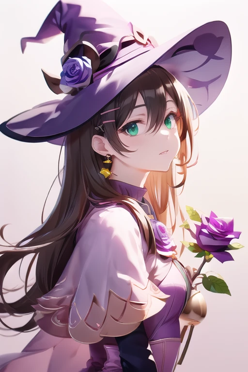  beautiful girl,  perfect face,  arms on both sides , masterpiece,  ultra high resolution,  High Quality , 4K,  upper body:1.5,  Lisa (genshin impact), urple witch hat, Green Eyes,  brown hair on the abdomen,  bangs,  dress,  Rose,  jewelry, witch,  capelet , Purple hat,  Black Gloves , Purple Flower,  hair between eyes, purple  Rose, Part your lips, purple  capelet , Hatsuhana , multicolored  dress,  Hair Accessory,  windmill, From the side,