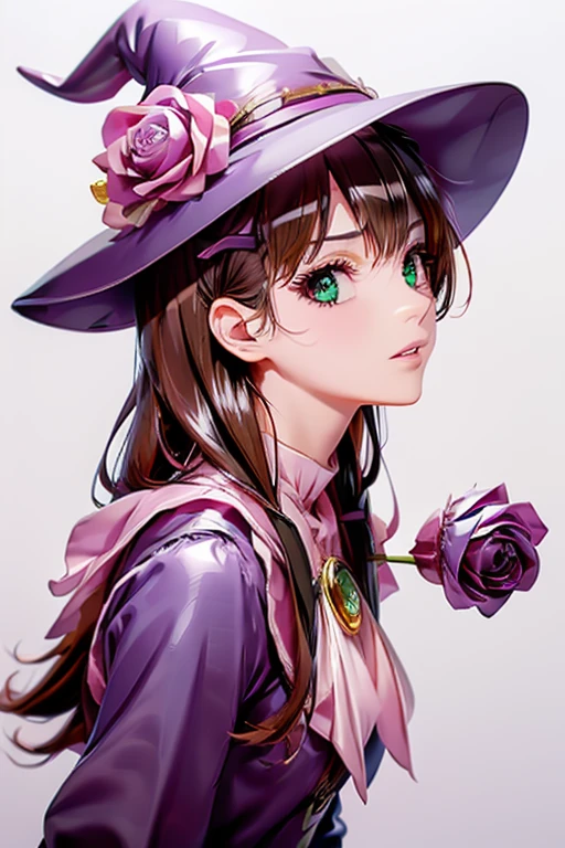  beautiful girl,  perfect face,  arms on both sides , masterpiece,  ultra high resolution,  High Quality , 4K,  upper body:1.5,  Lisa (genshin impact), urple witch hat, Green Eyes,  brown hair on the abdomen,  bangs,  dress,  Rose,  jewelry, witch,  capelet , Purple hat,  Black Gloves , Purple Flower,  hair between eyes, purple  Rose, Part your lips, purple  capelet , Hatsuhana , multicolored  dress,  Hair Accessory,  windmill, From the side,