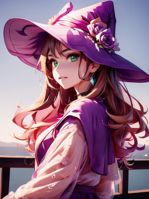  beautiful girl,  perfect face,  arms on both sides , masterpiece,  ultra high resolution,  High Quality , 4K,  upper body:1.5,  Lisa (genshin impact), urple witch hat, Green Eyes,  brown hair on the abdomen,  bangs,  dress,  Rose,  jewelry, witch,  capelet , Purple hat,  Black Gloves , Purple Flower,  hair between eyes, purple  Rose, Part your lips, purple  capelet , Hatsuhana , multicolored  dress,  Hair Accessory,  windmill, From the side,