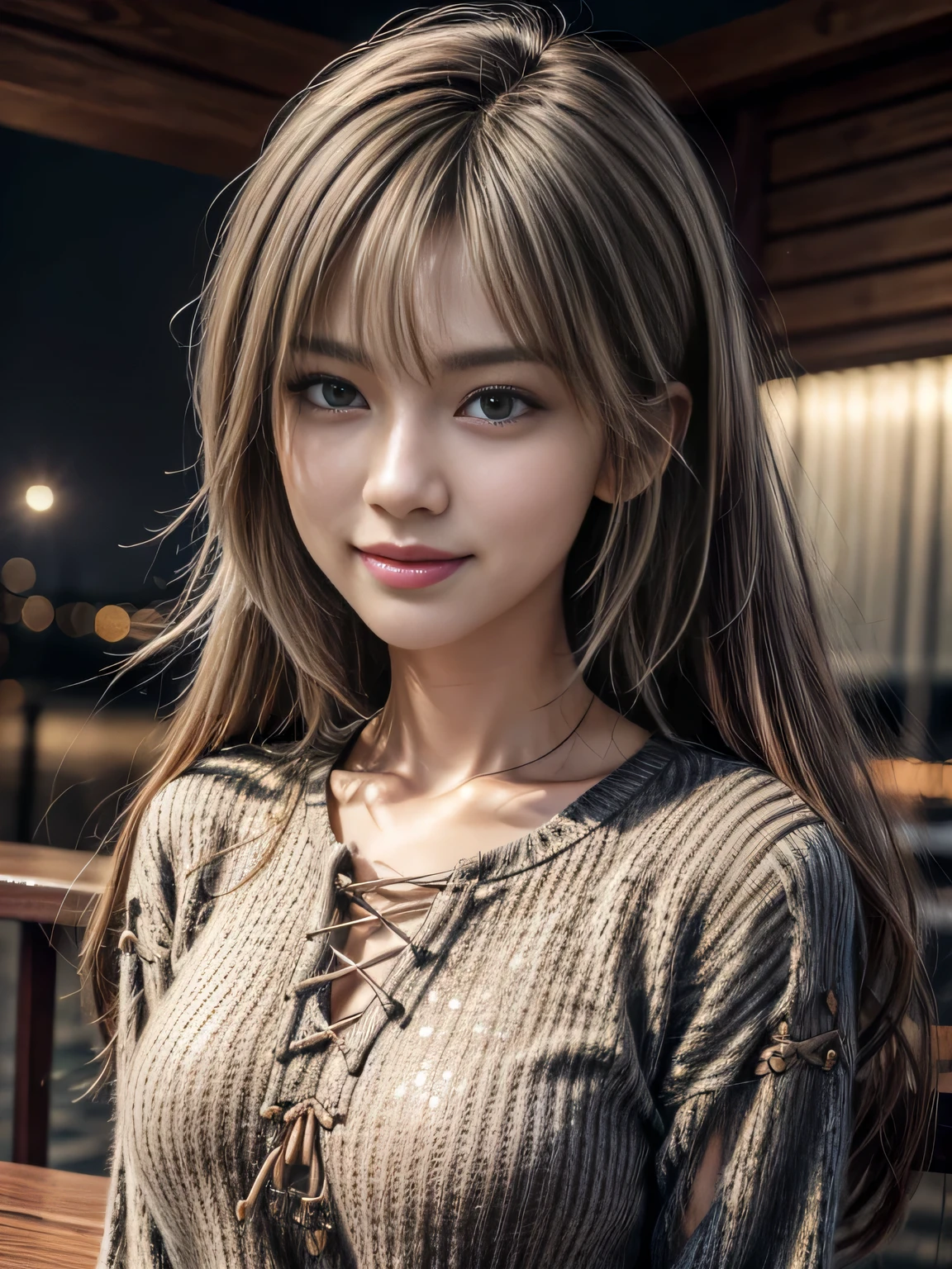 (Raw photo, Best Quality), (Realistic, Photorealsitic:1.4), masterpiece, extremely delicate and beautiful, Extremely detailed, 8k wallpaper, amazing, finely detail, extremely detailed CG Unity, hight resolution,(Moonlight, Park at midnight without lights), (Dark background), Sophisticated girl, black knit, loose clothes, hair messy, bangs, brown hair, modern, stylish, 