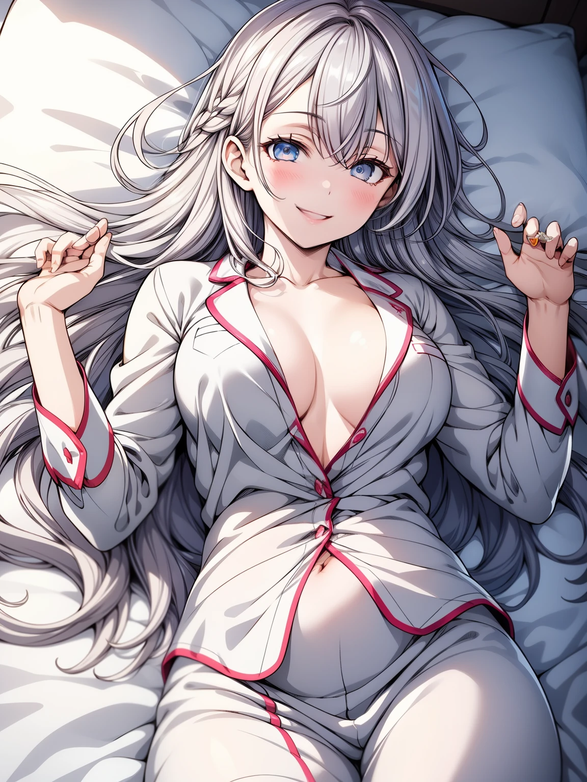 ",  Long silver hair ,  beautiful face ,smiling, Close up to hips, moderate chest:1.1,  lying on a bed ,wearing white pajamas , ( Open mouth:0.4), illustration,  detailed textures  , pompous skirt(realistic),Portrait Style,  bright colors  , soft lighting . blush, Unbuttoned pajamas  , without bras,  hugs in point of view  