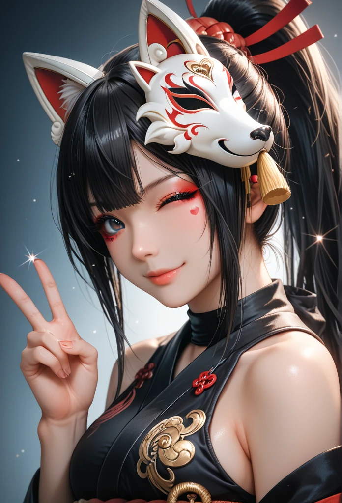 15-year-old student, 1若い girl, smiling, wink, making a heart with fingers, looking at viewer, black hair, black eyes, wheatish skin, beautiful breasts,Very beautiful, Sparkle,1 girl,Alone,Fox Mask Template,Ninja clothing, japanese clothes,black, bare shoulders. girl, Long straight hair, 赤いハイライトのblack髪, bangs,  ponytail, Fox Mask Template is on the head., Beautiful Makeup,  Serious Face , Wearing a detailed black ninja costume,  best quality, Movement,  see here、 peace sign、