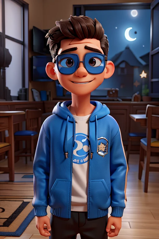 3D caricature of a boywearing blue hoodie jacket with name "MISTER HARVEY" written on the front of the hoodie, ,beneathe the floor there is a name  "MISTER HARVEY"  written in 3D letter style, embossed and realistic,High-quality realistic photo in black yellow, indium white and black, front view.earing glass sunglasses with stars and the moon on the glass