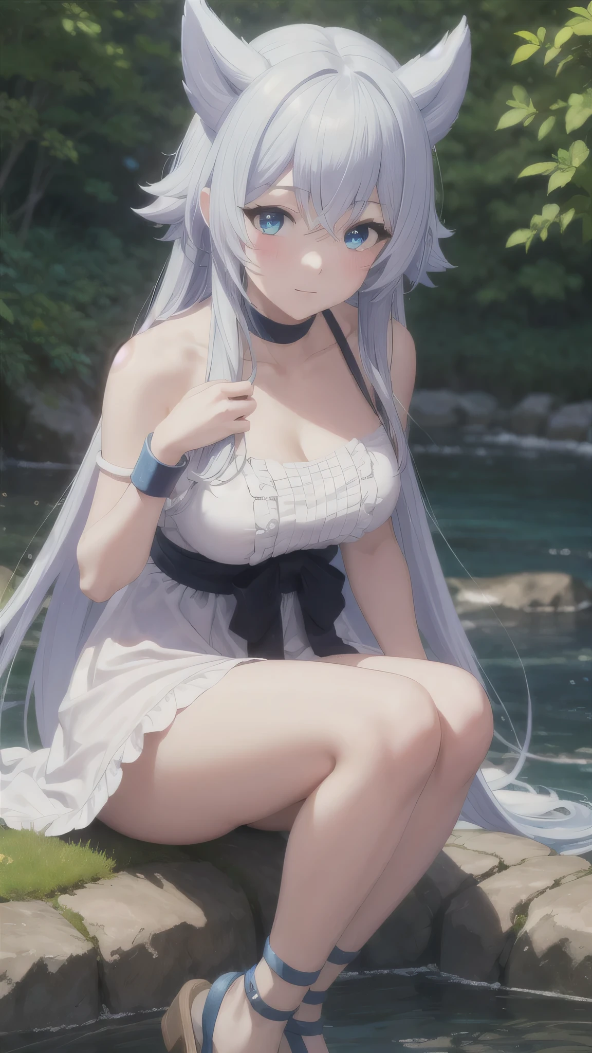 photorealistic, (4k), depth of field, (Masterpiece), (realistic skin texture), extremely detailed, intricate, hyper detailed, professional photography, bokeh, high resolution, sharp detail, best quality, girl, white hair, long hair, animal ears, blue eyes, white dress, bracelets, bare shoulders, blue ribbon, chocker, gladiator sandals,dynamic pose, (sitting with hands around her ankles),  river, stream, flowing water, blue sky,