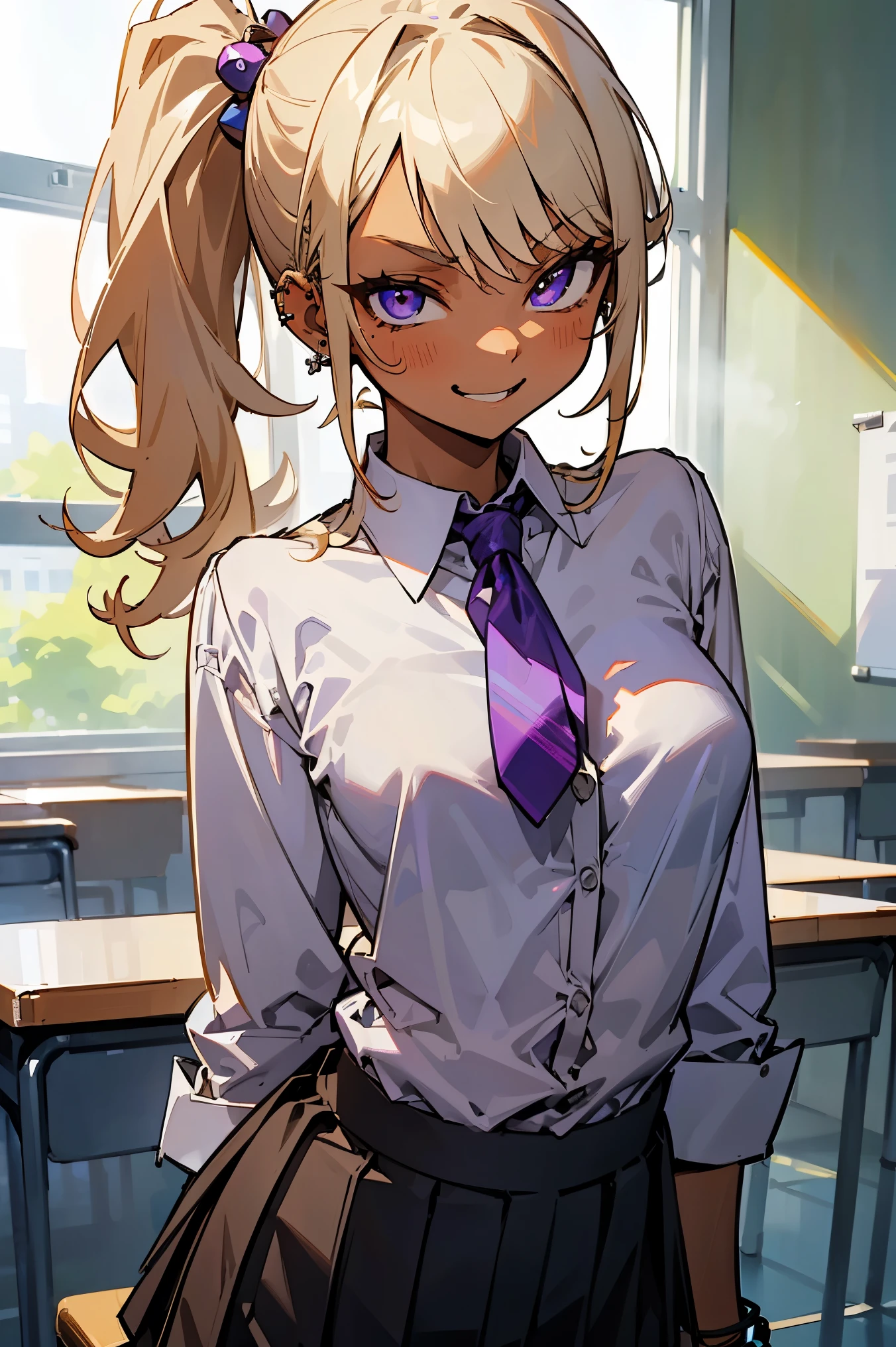 ((masterpiece、  best quality、  very detailed))、  one girl  、Improve、(( Brown Skin :1.3))、blonde、(( Side Ponytail ))、Light purple eyes、 Evil Smiles 、((  smirking ))、(( lots of piercings ))、Soft breasts、((  White Collared Shirt :1.6))、((clavicle))、belly button、(( purple bra ))、  Necklaces  、  bracelets staring at the viewer、((  Black Pleated Skirt ))、(( micro mini skirt))、  cowboy shots、  Classroom Background 